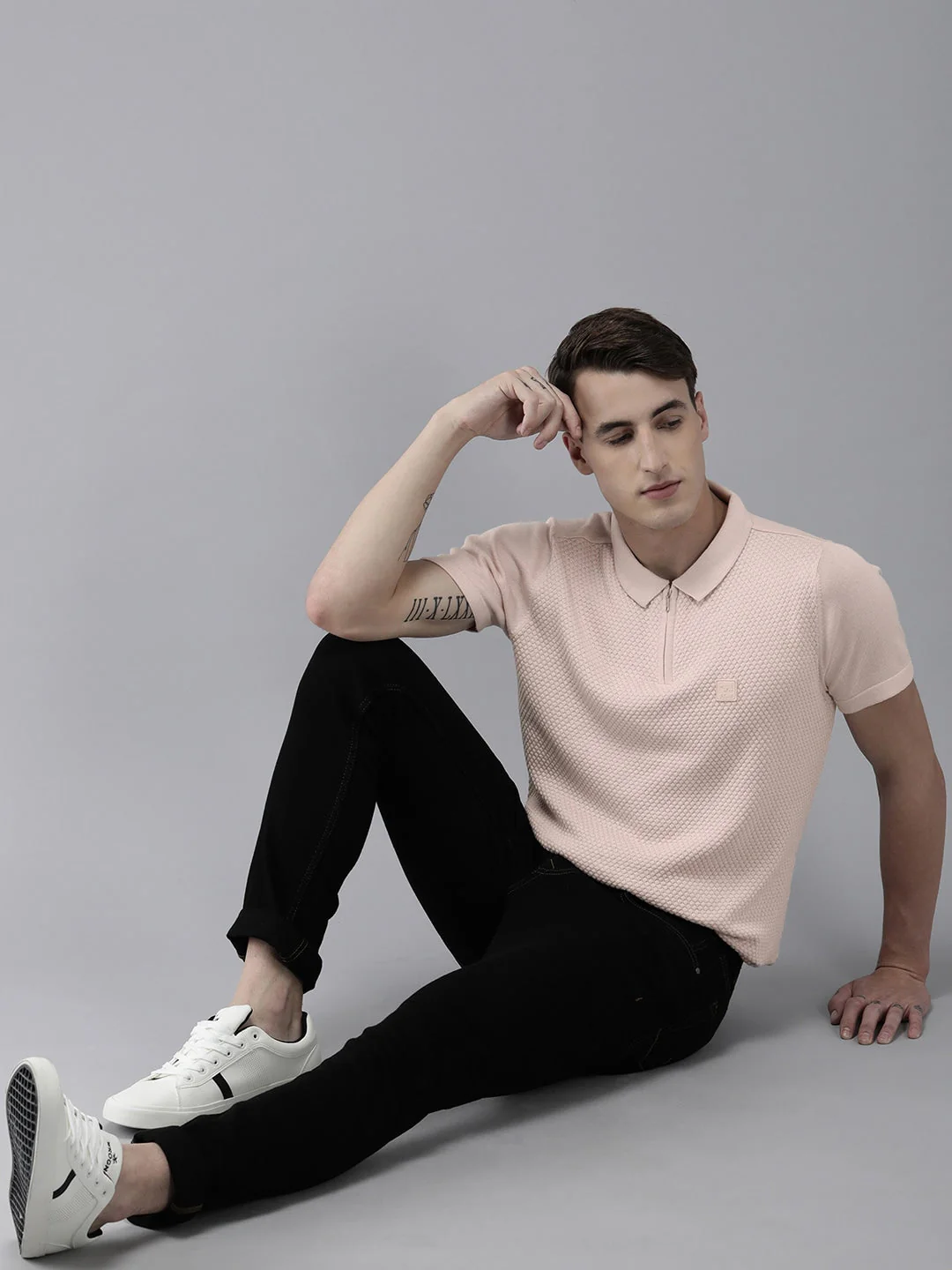 Men Ardor Edition Peach-Coloured Self Design Polo Collar Slim Fit T-shirt - Image 6