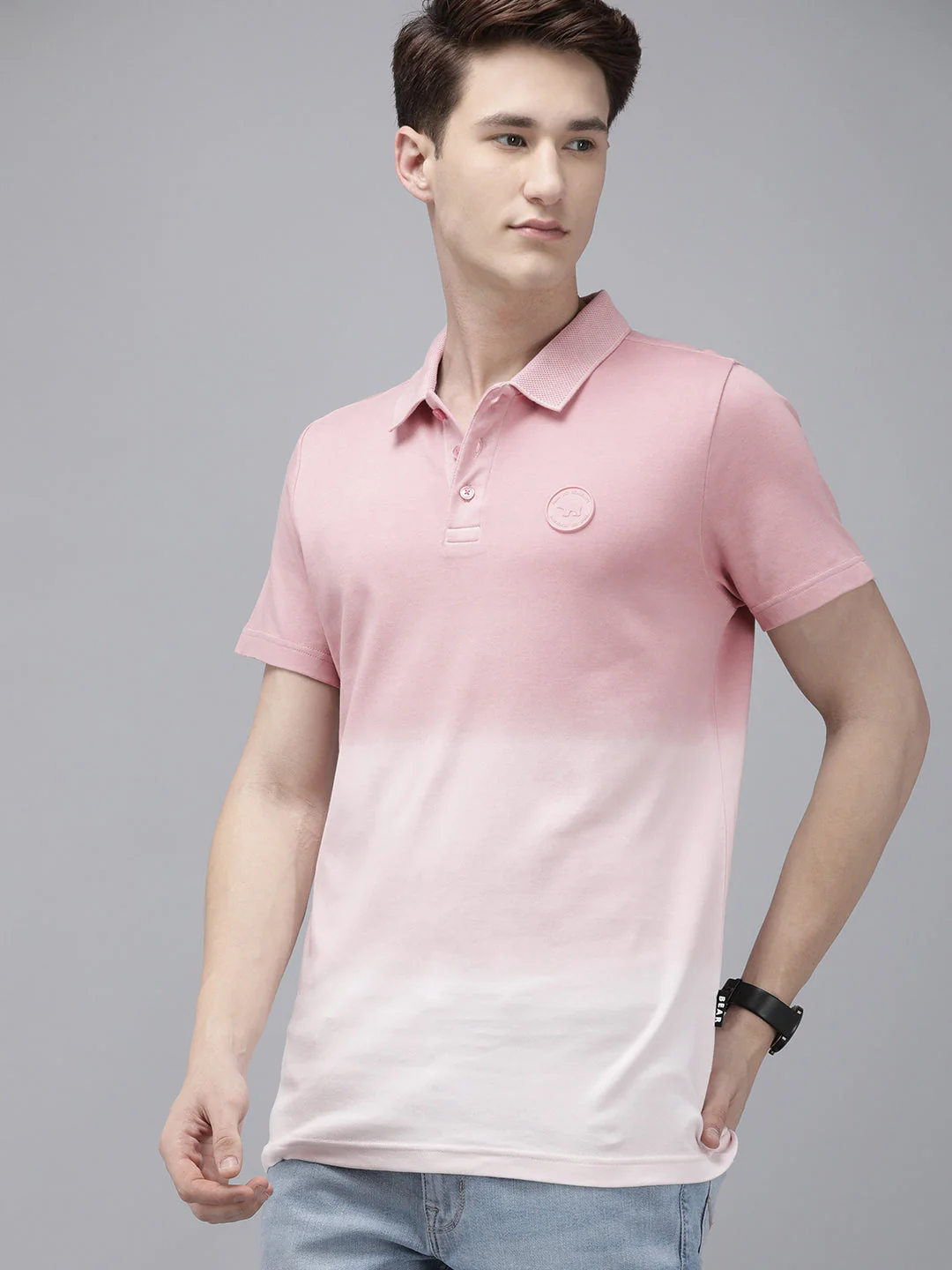 Men Ardor Edition Pink & White Ombre dyed Slim Fit Knitted Polo Collar T-shirt - Image 4