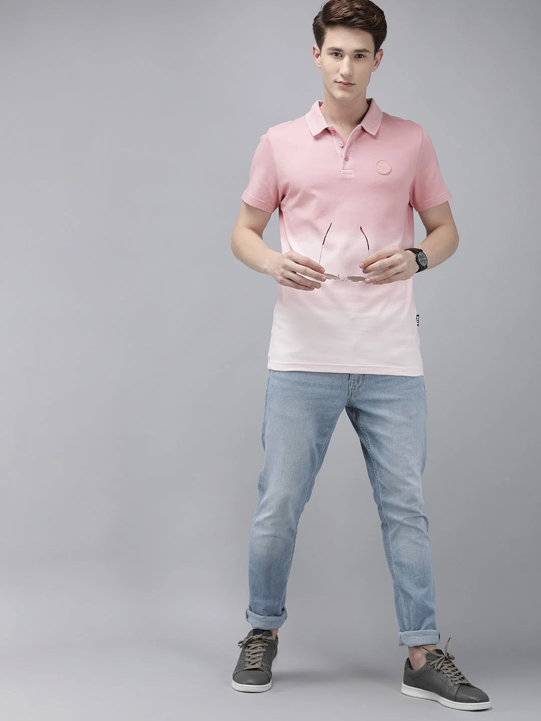Men Ardor Edition Pink & White Ombre dyed Slim Fit Knitted Polo Collar T-shirt - Image 6