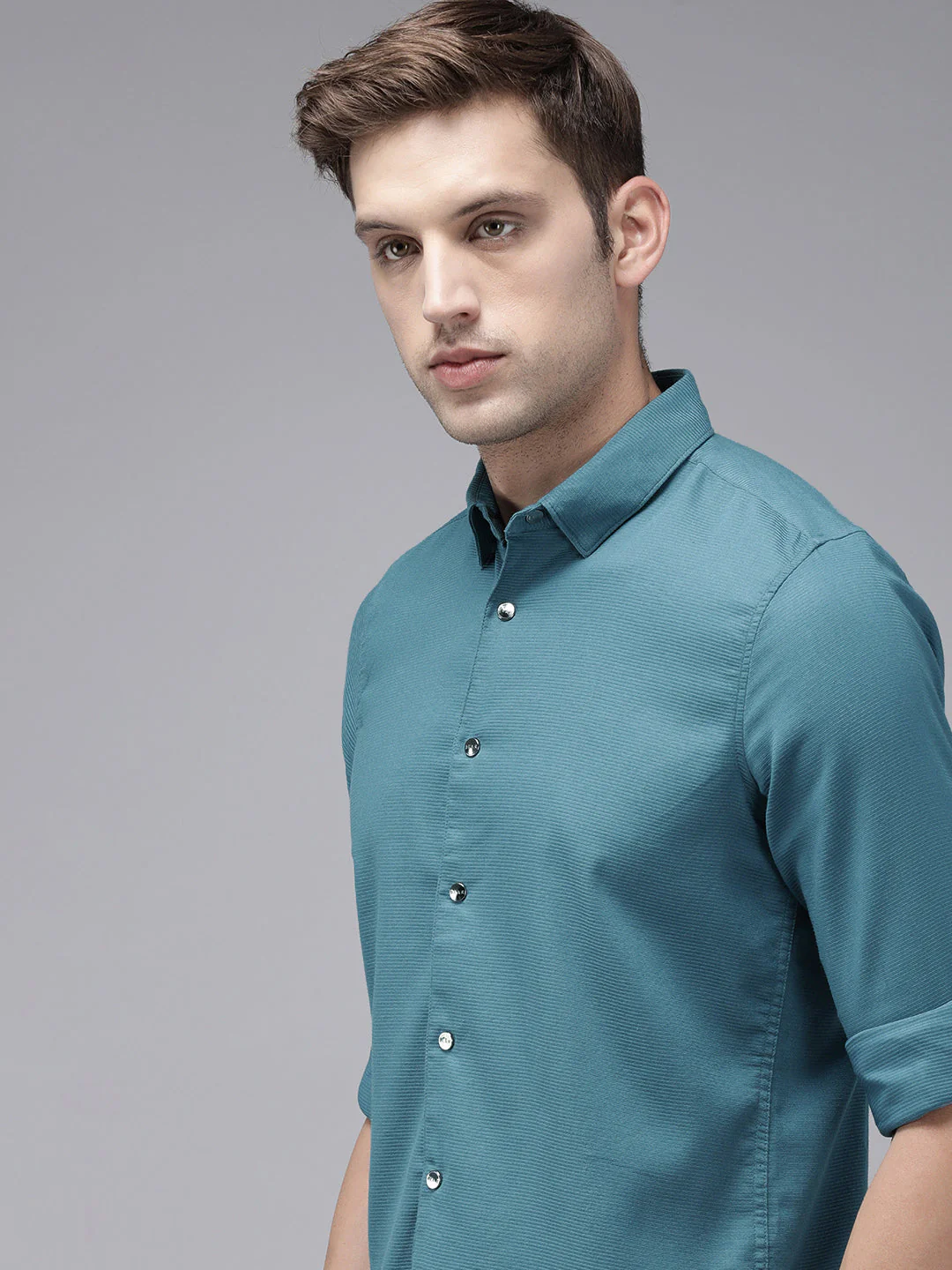Men Ardor Edition Teal Self Design Slim Fit Cotton Lycra Casual Shirt - Image 4