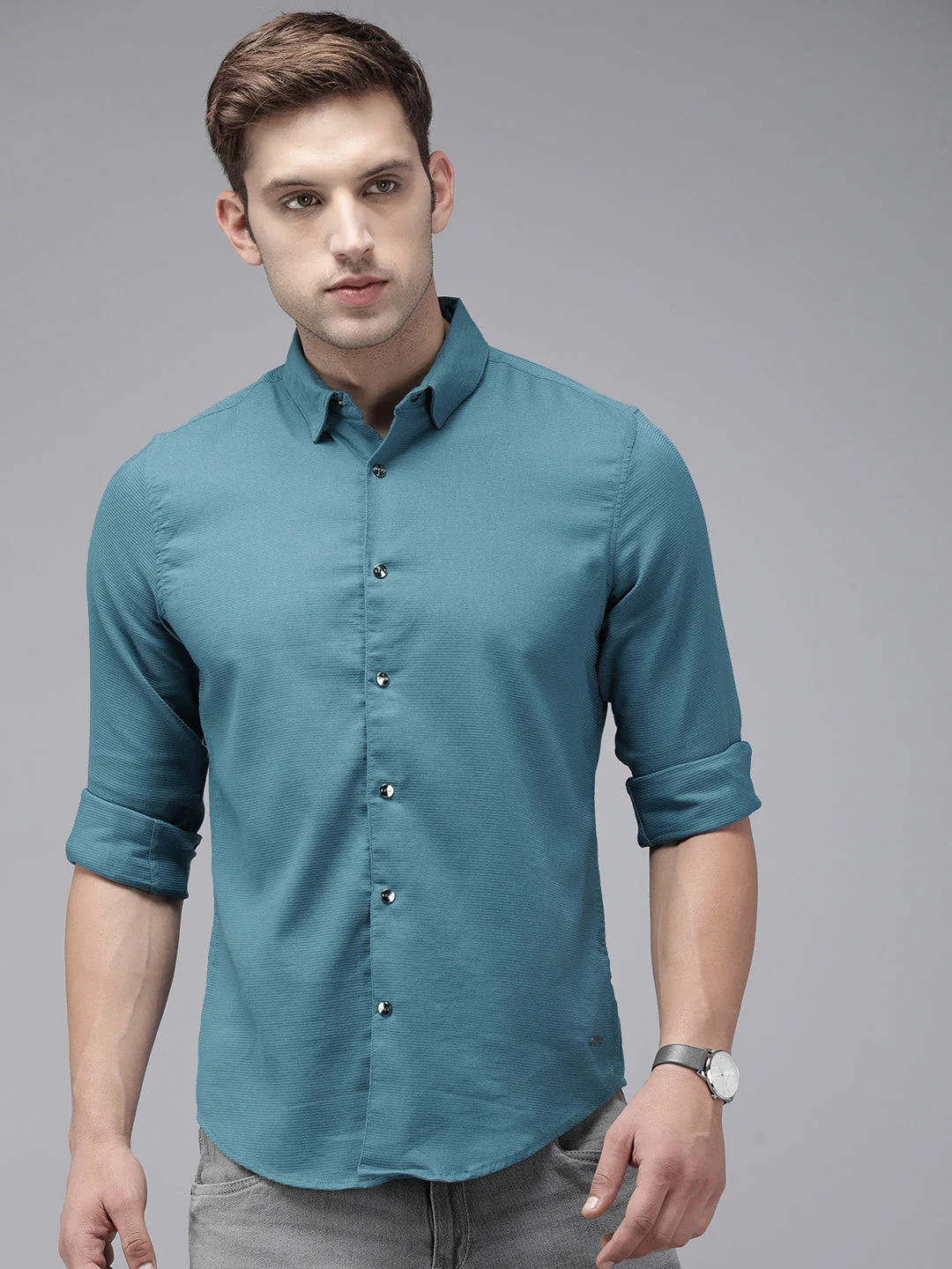 Men Ardor Edition Teal Self Design Slim Fit Cotton Lycra Casual Shirt - Image 5
