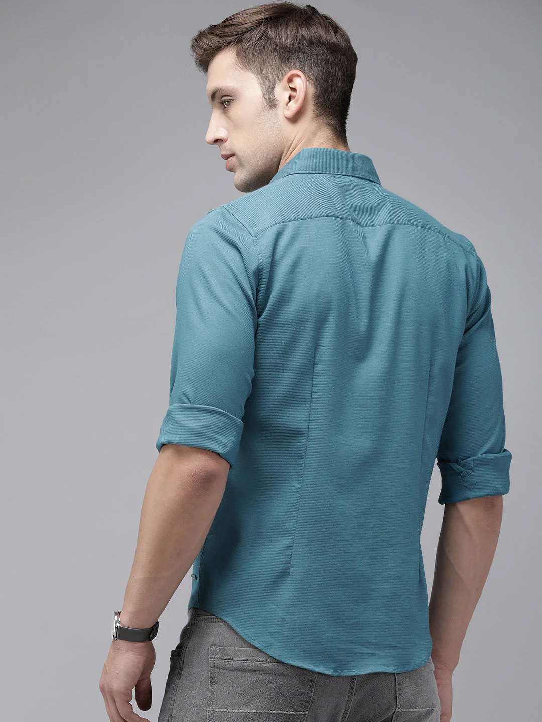 Men Ardor Edition Teal Self Design Slim Fit Cotton Lycra Casual Shirt - Image 6