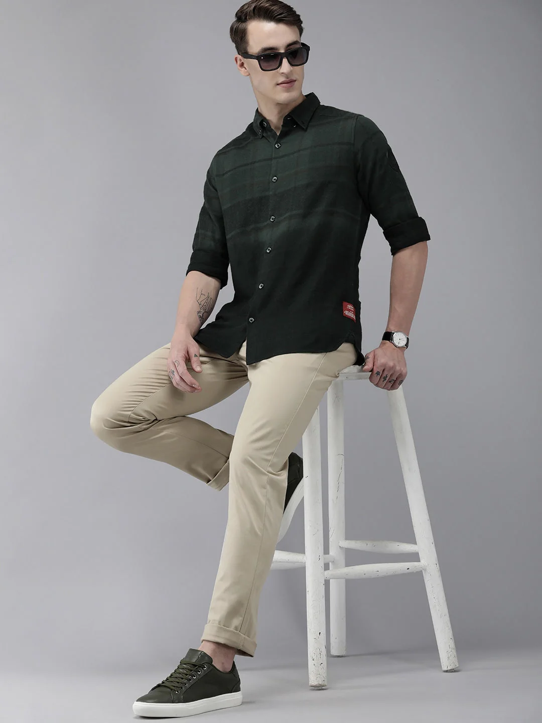 Men Ardor Editon Green Slim Fit Checked Cotton Casual Shirt - Image 6