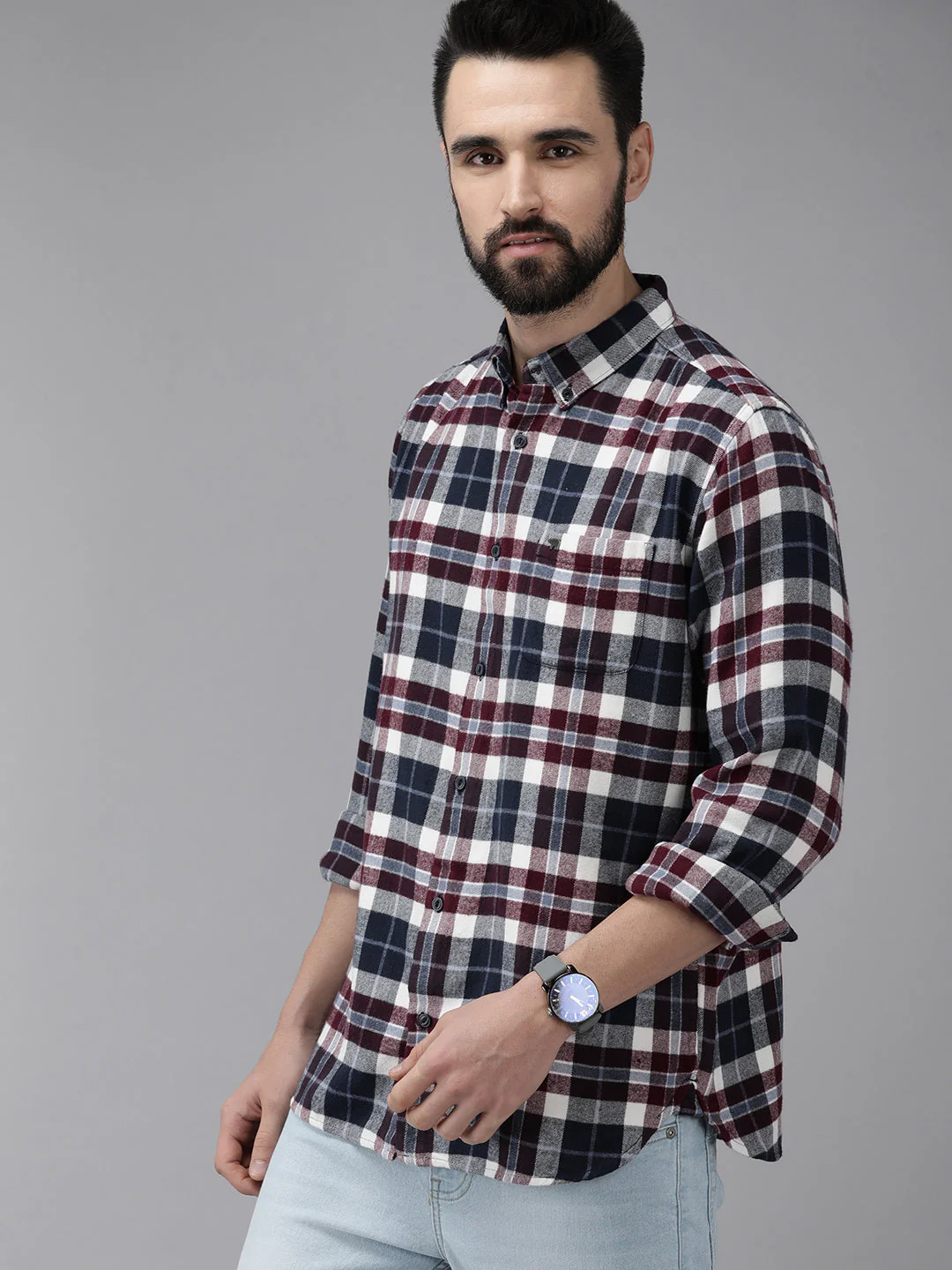 Men Arien - White & Navy Blue Slim Fit Checked Flannel Cotton Shirt | The Bear House - Image 4