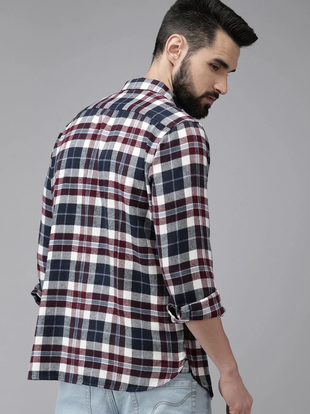 Men Arien - White & Navy Blue Slim Fit Checked Flannel Cotton Shirt | The Bear House - Image 5
