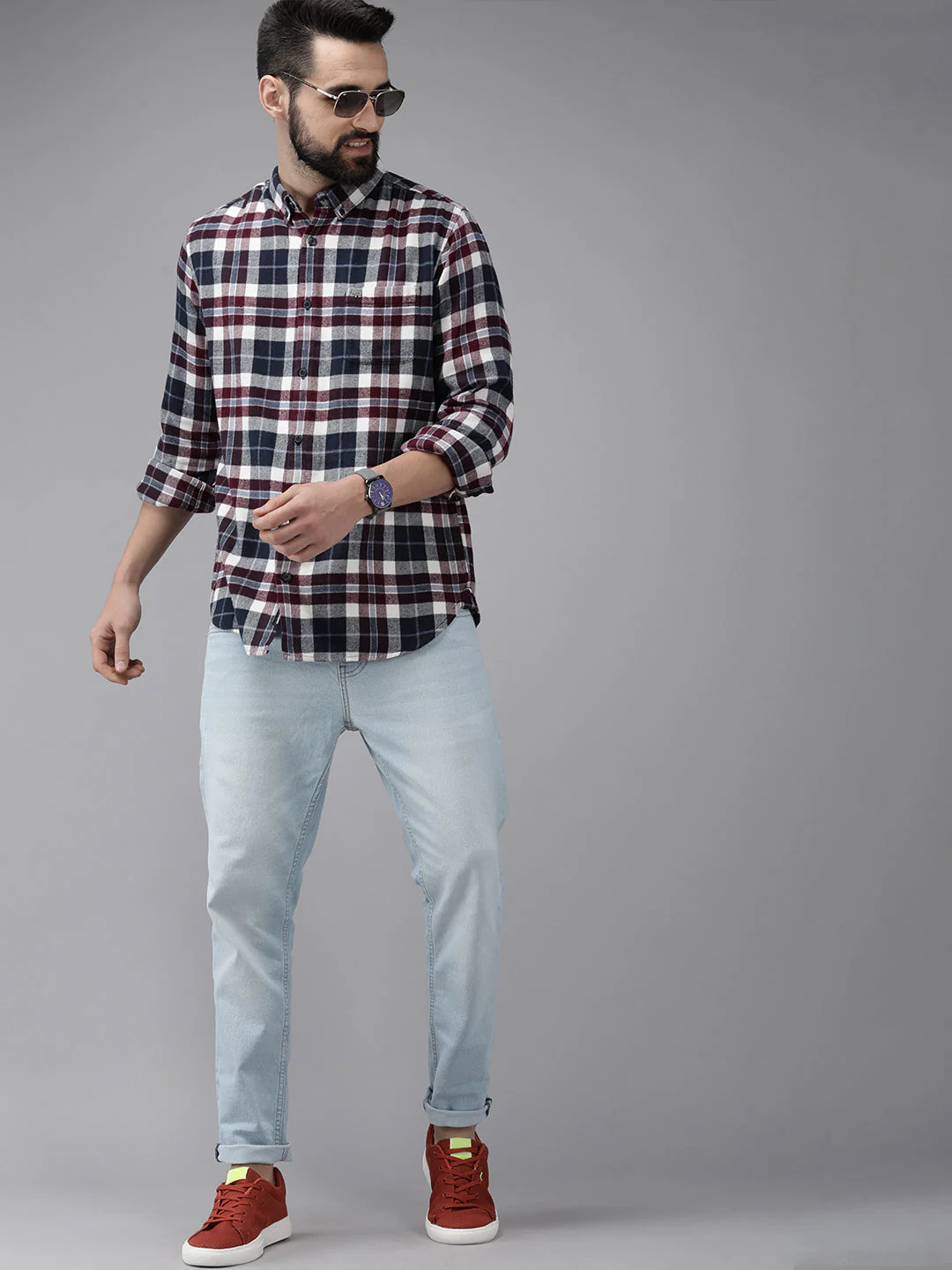 Men Arien - White & Navy Blue Slim Fit Checked Flannel Cotton Shirt | The Bear House - Image 6