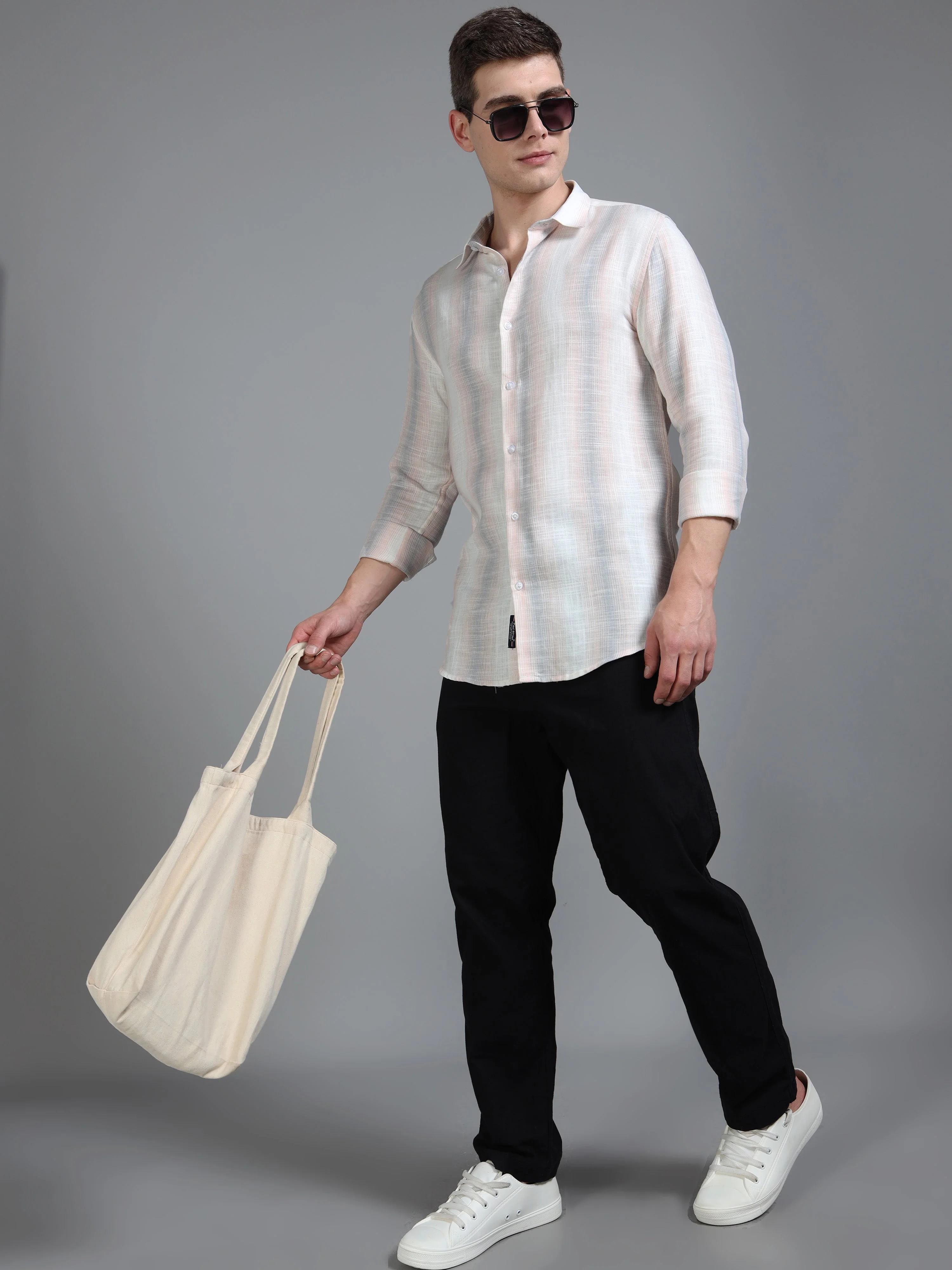 Men Aris Beige Stripes Shirt - Image 5
