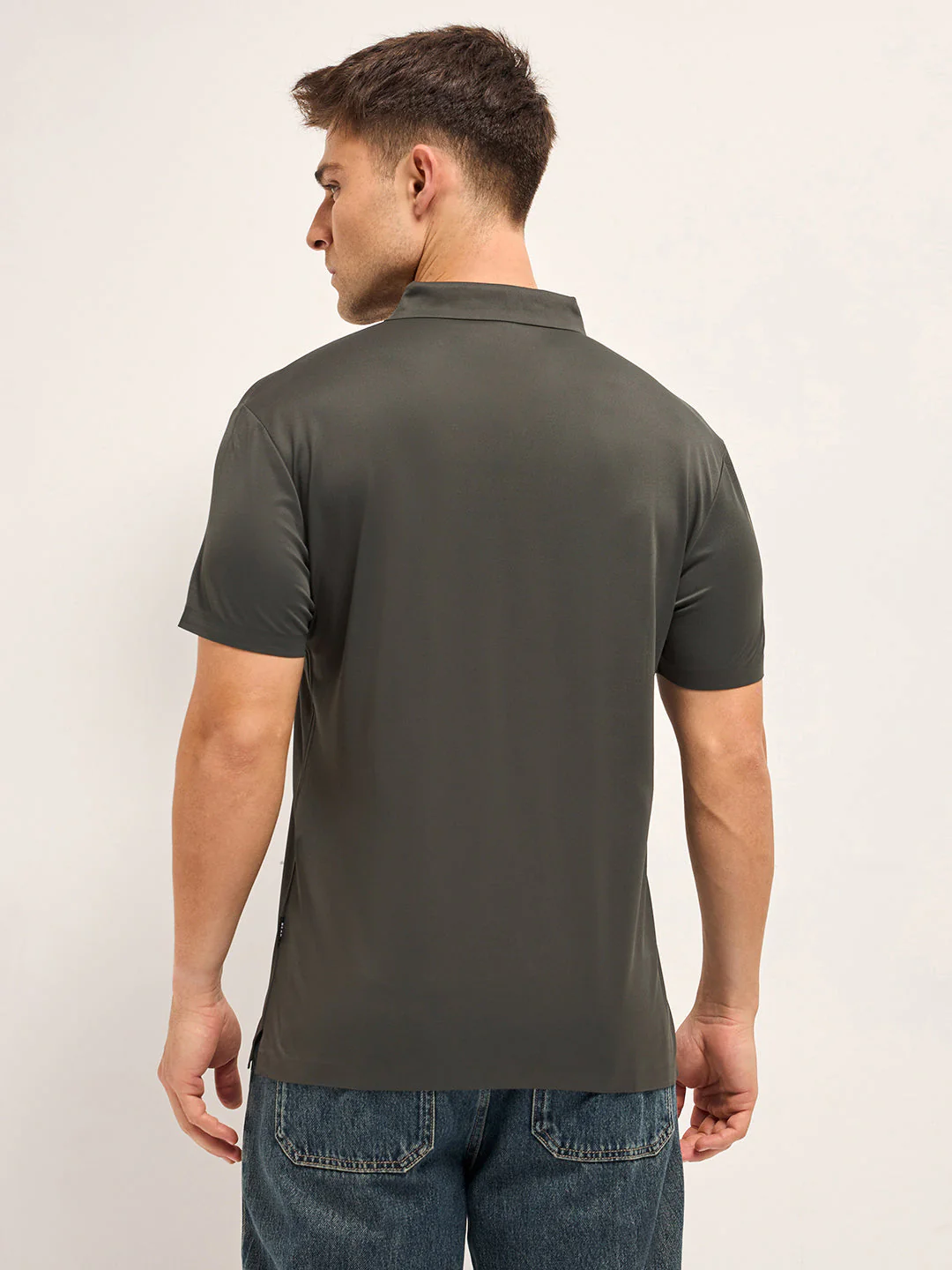 Men Army Green Self Design Slim Fit Classic Polo T-shirt - Image 2