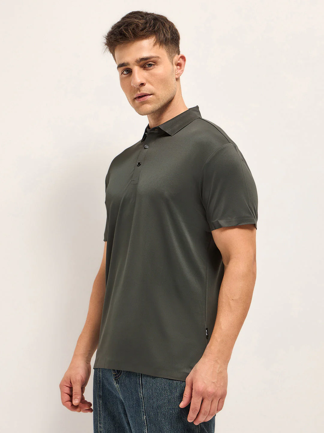 Men Army Green Self Design Slim Fit Classic Polo T-shirt - Image 3