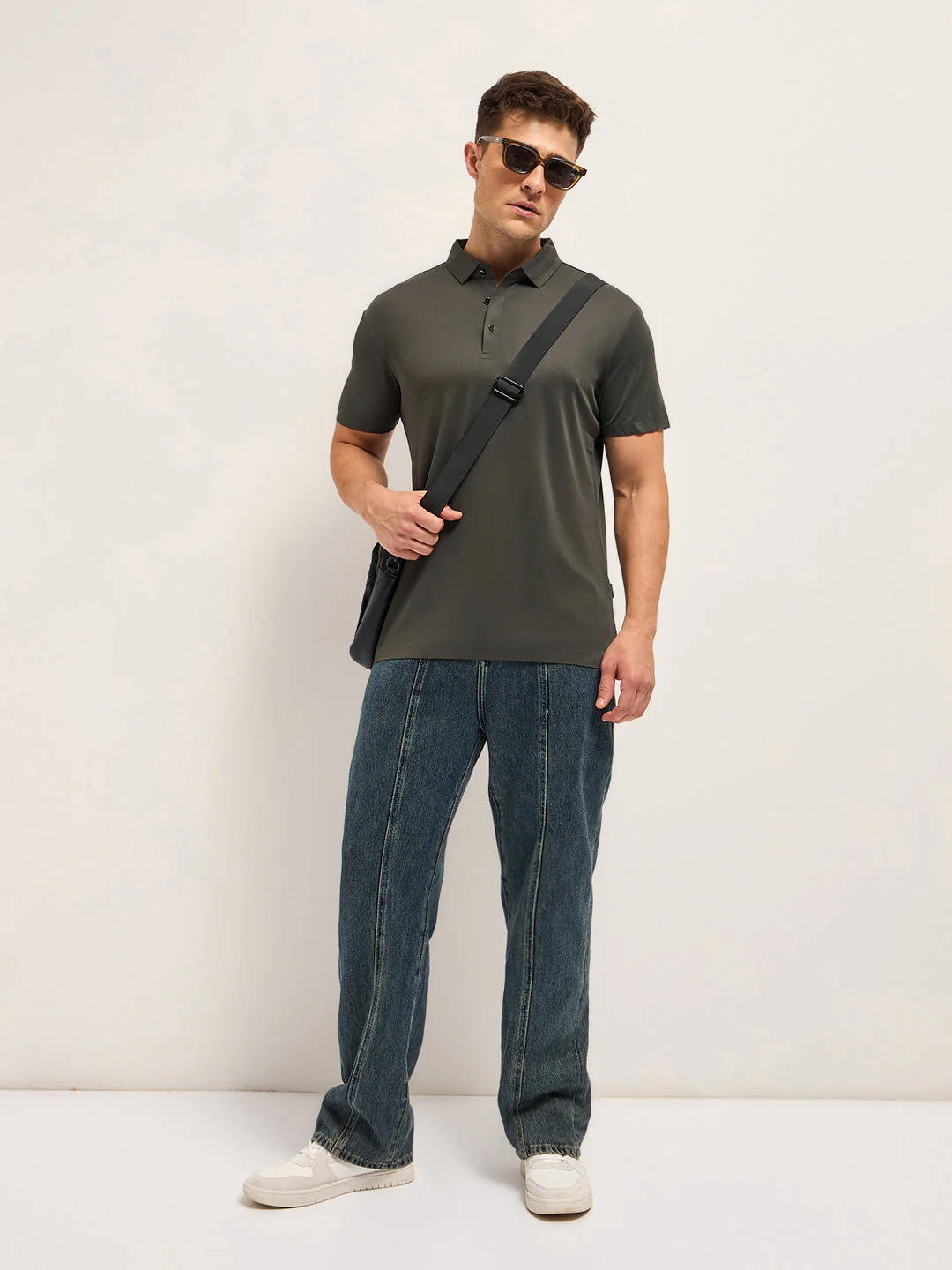 Men Army Green Self Design Slim Fit Classic Polo T-shirt - Image 4