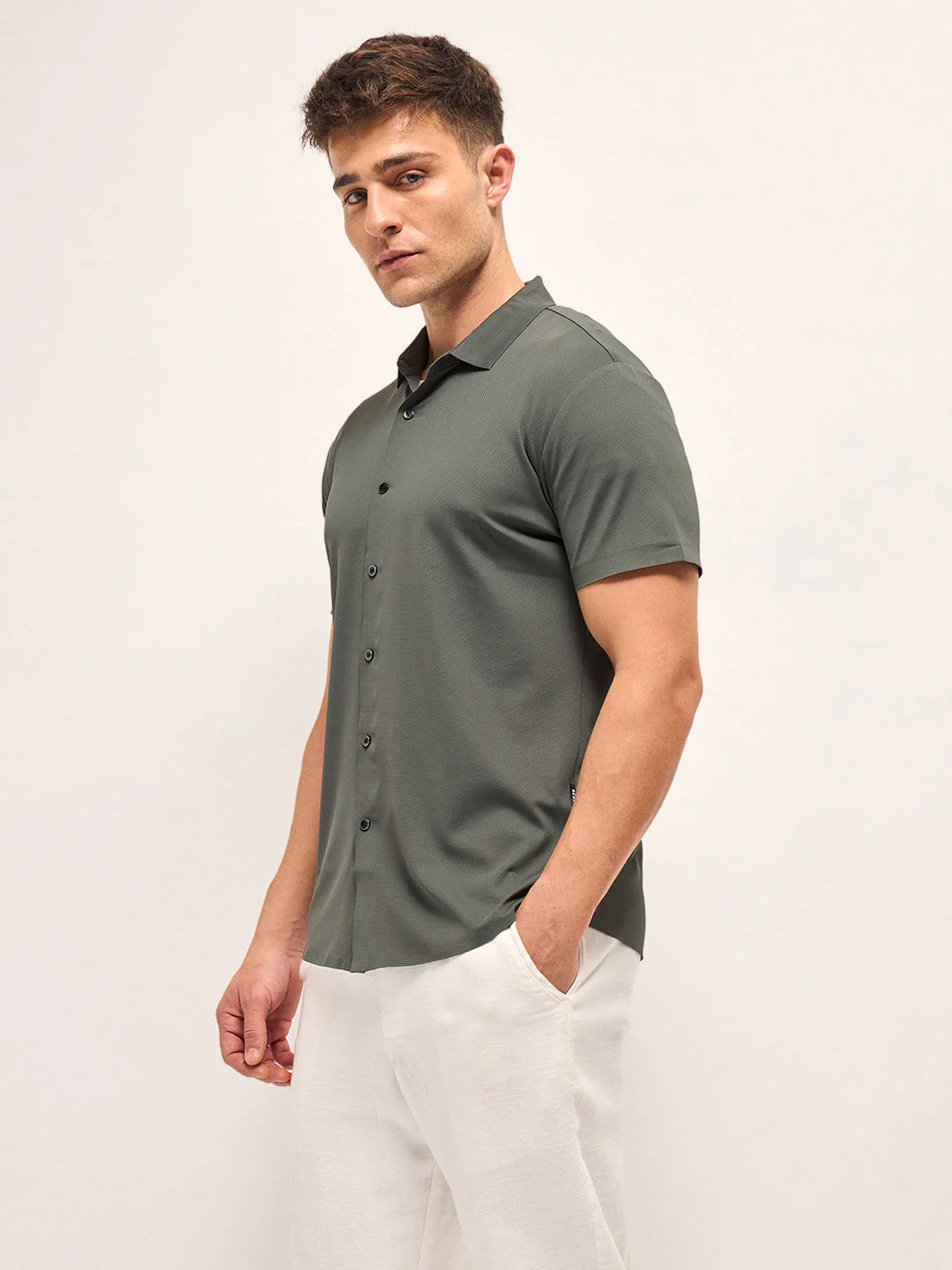 Men Army green Solid Nylon Blend Classic Spread Collar Shirt - Image 3
