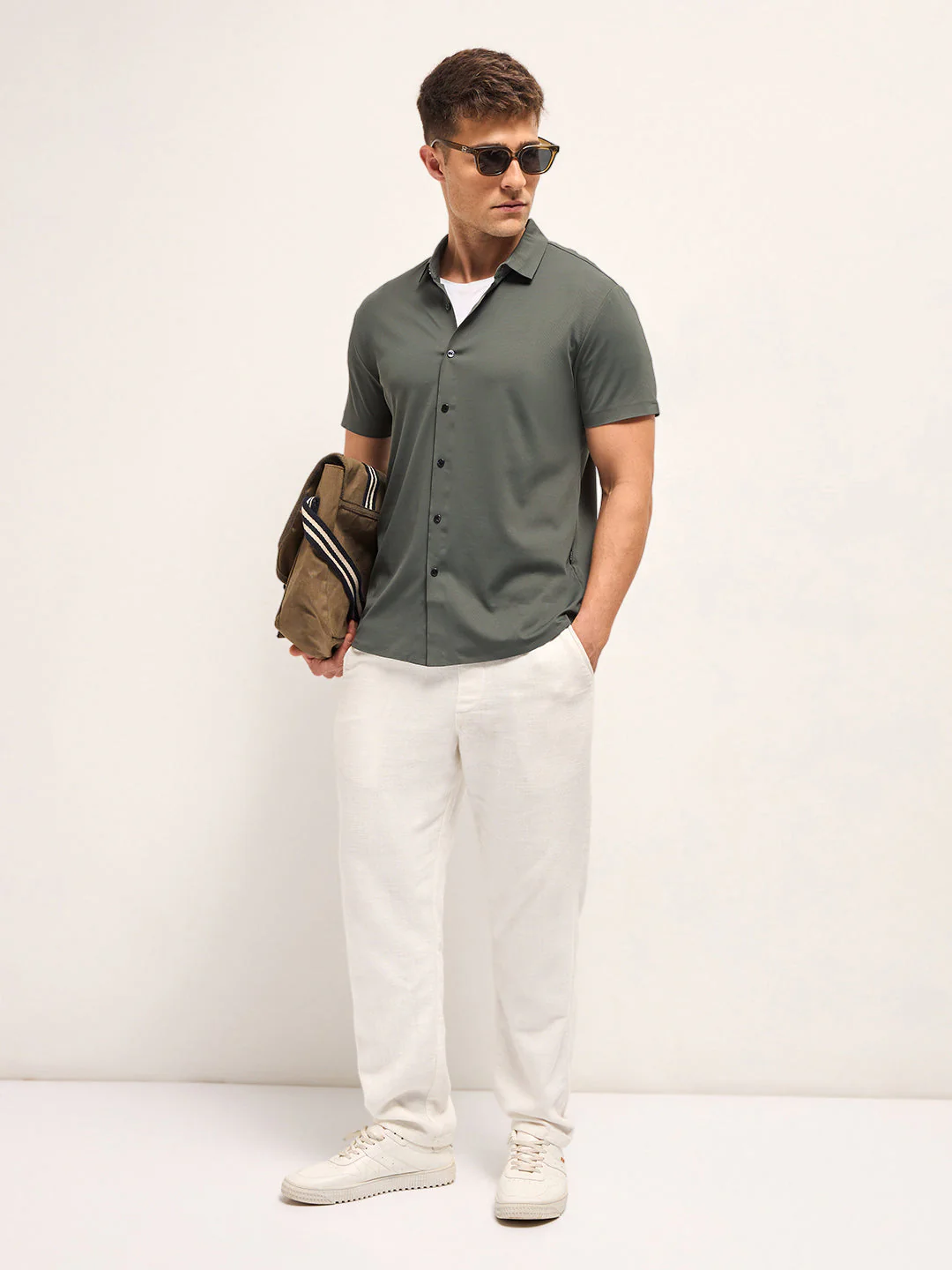 Men Army green Solid Nylon Blend Classic Spread Collar Shirt - Image 4