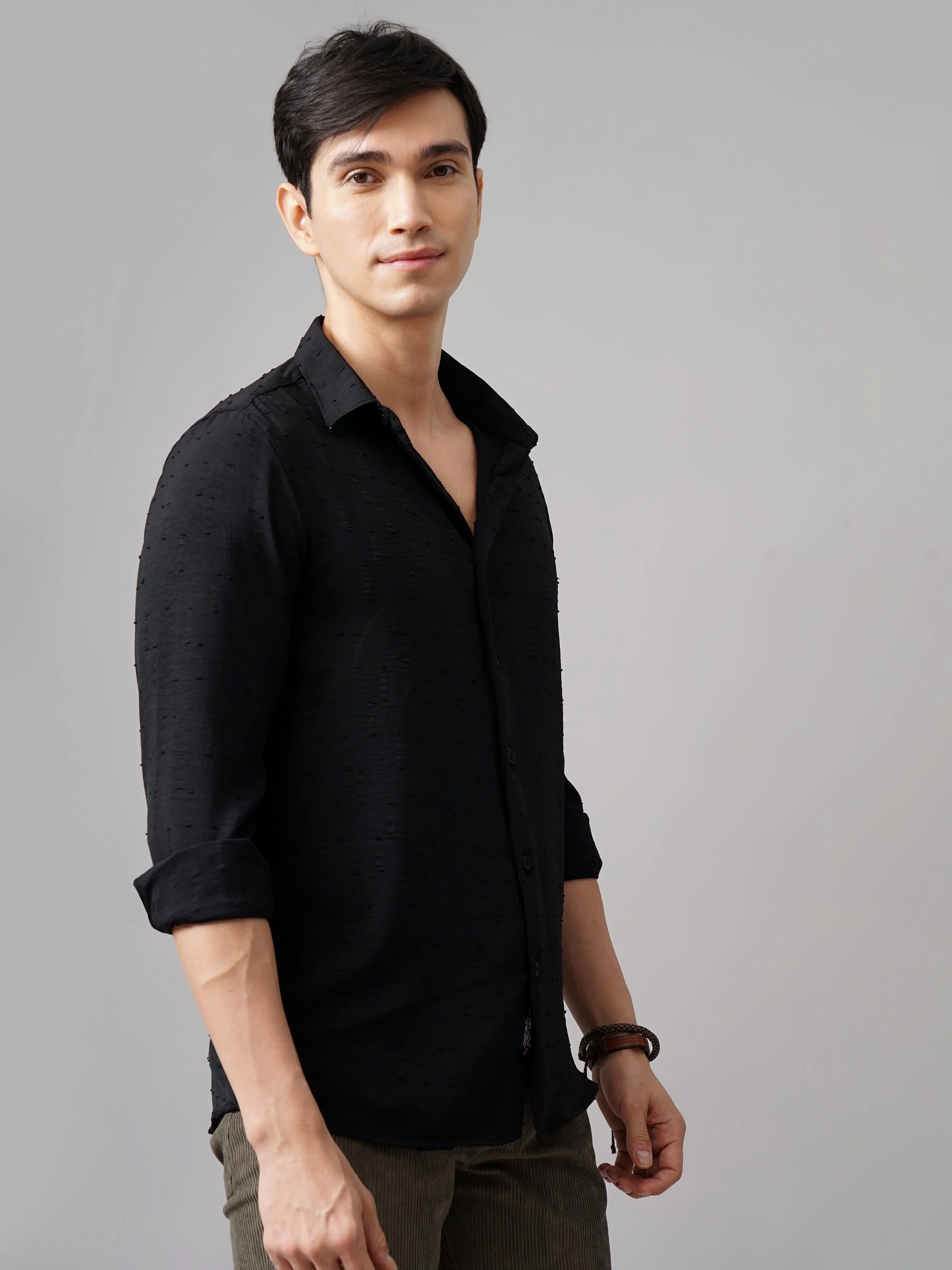 Men Arova Self Design Black Shirt - Image 3
