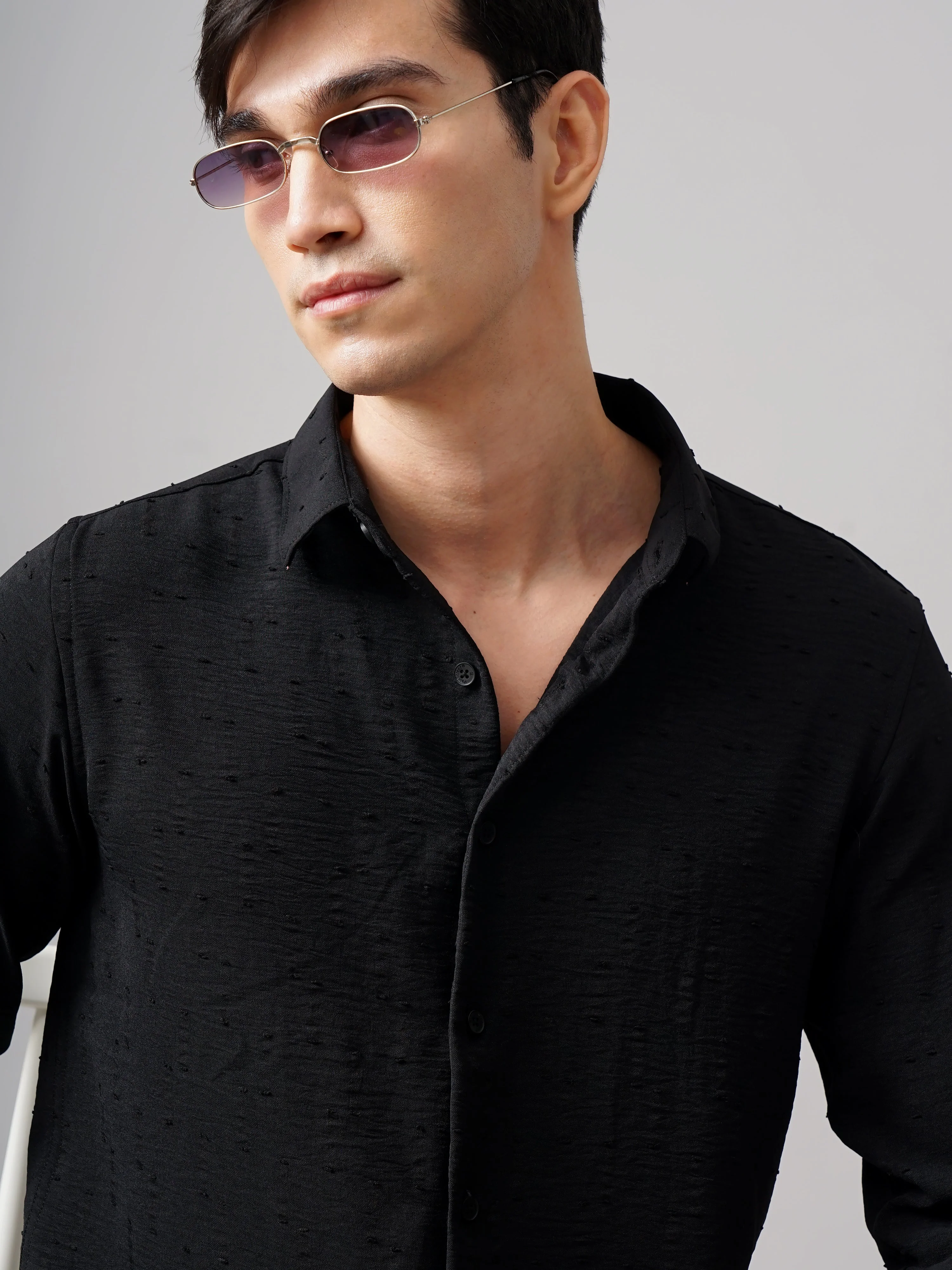 Men Arova Self Design Black Shirt - Image 4