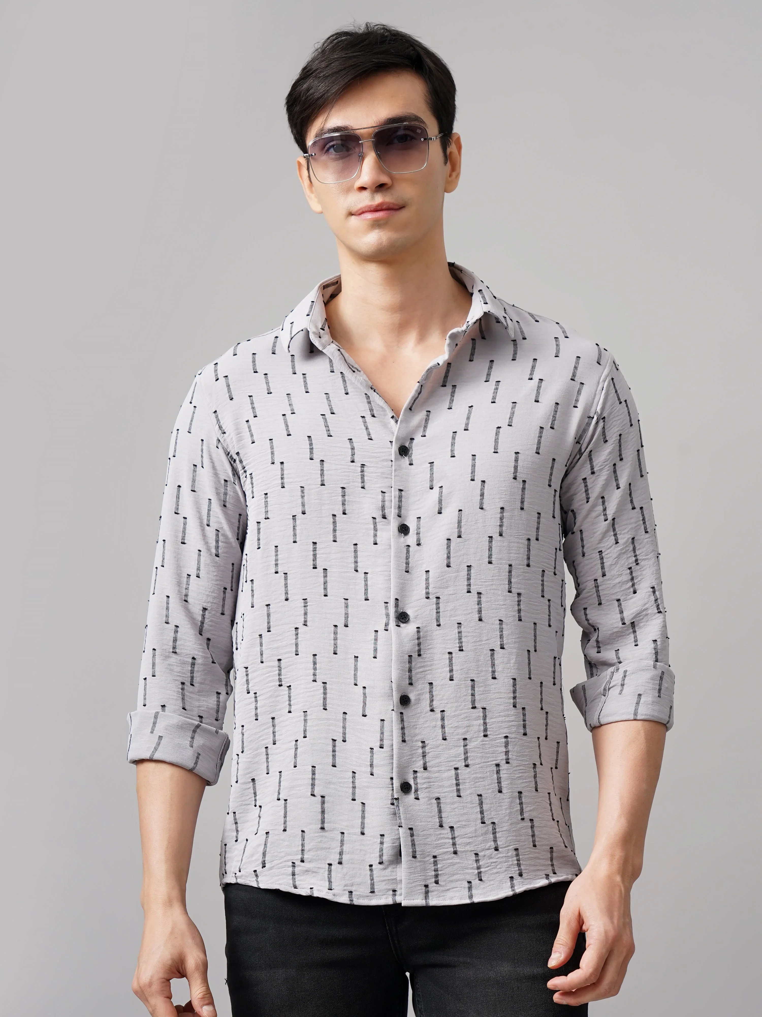 Men Arova Self Design Grey Shirt - Image 2
