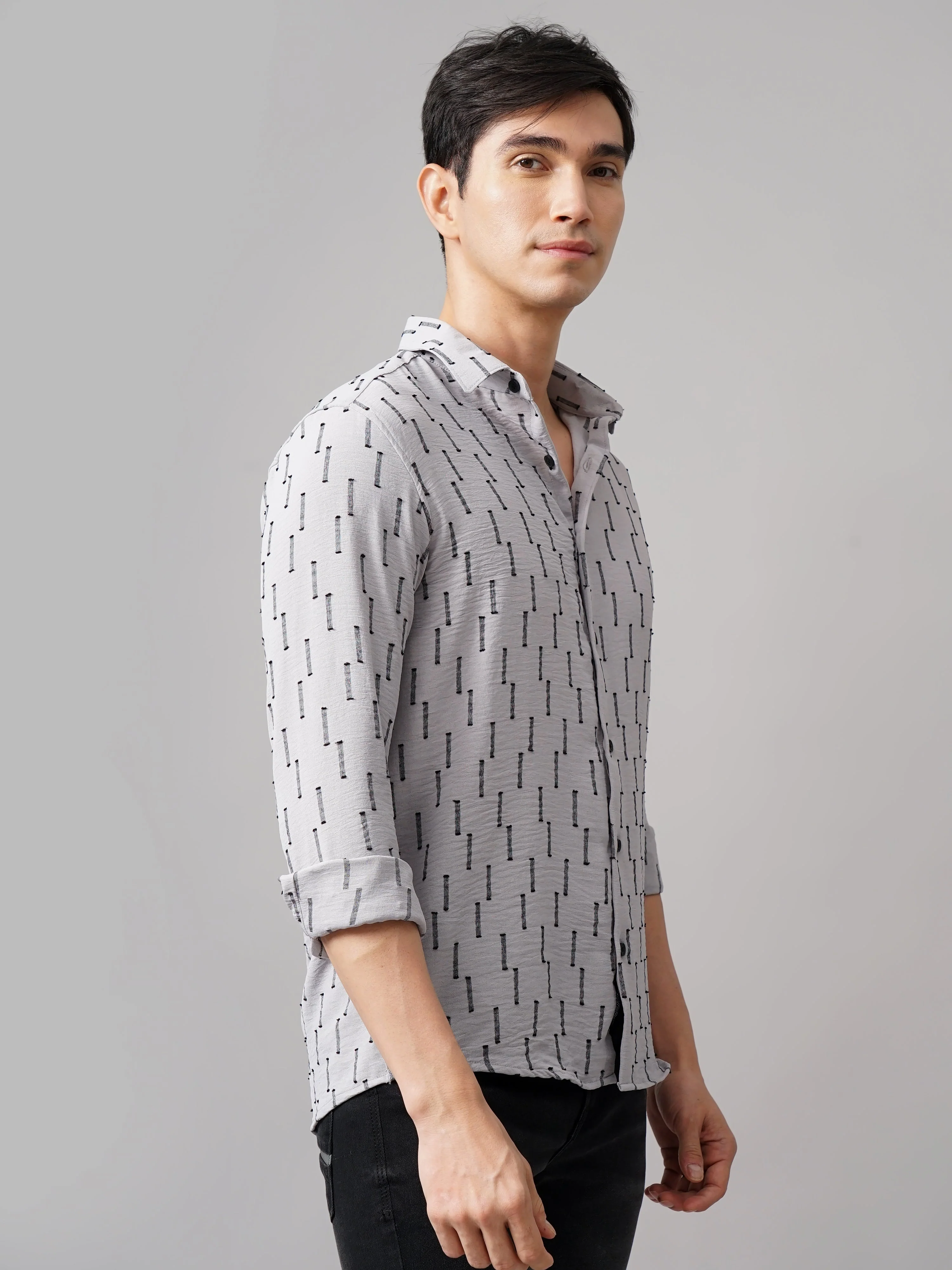 Men Arova Self Design Grey Shirt - Image 4