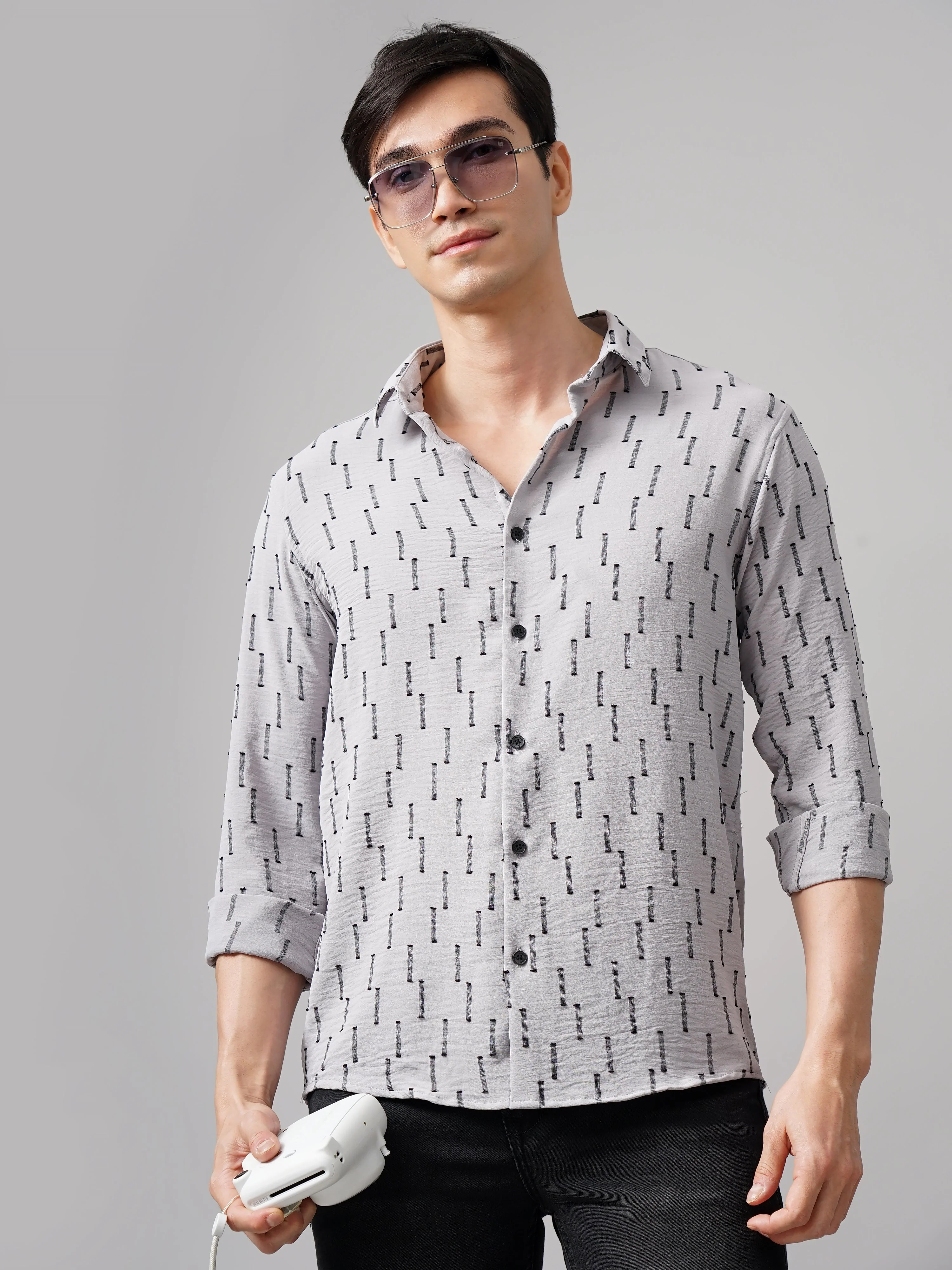 Men Arova Self Design Grey Shirt - Image 5