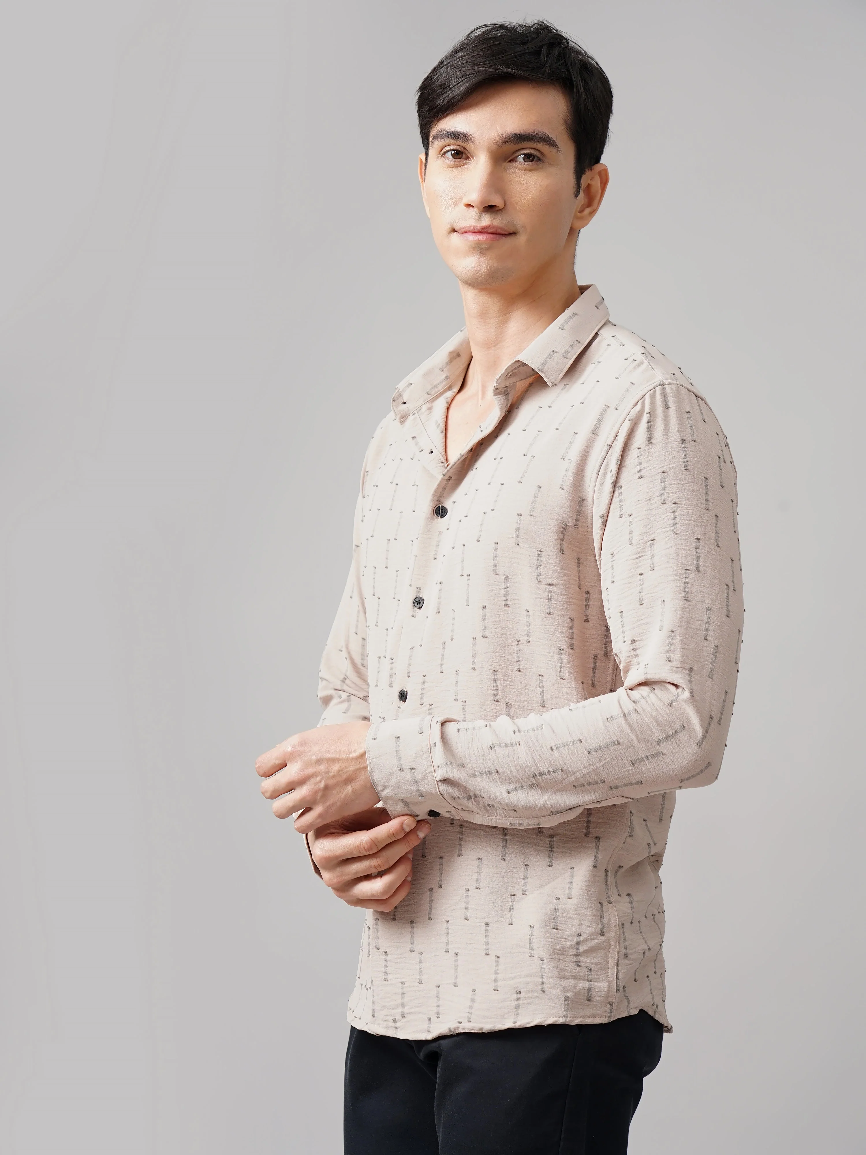 Men Arova Self Design Peach Shirt - Image 5