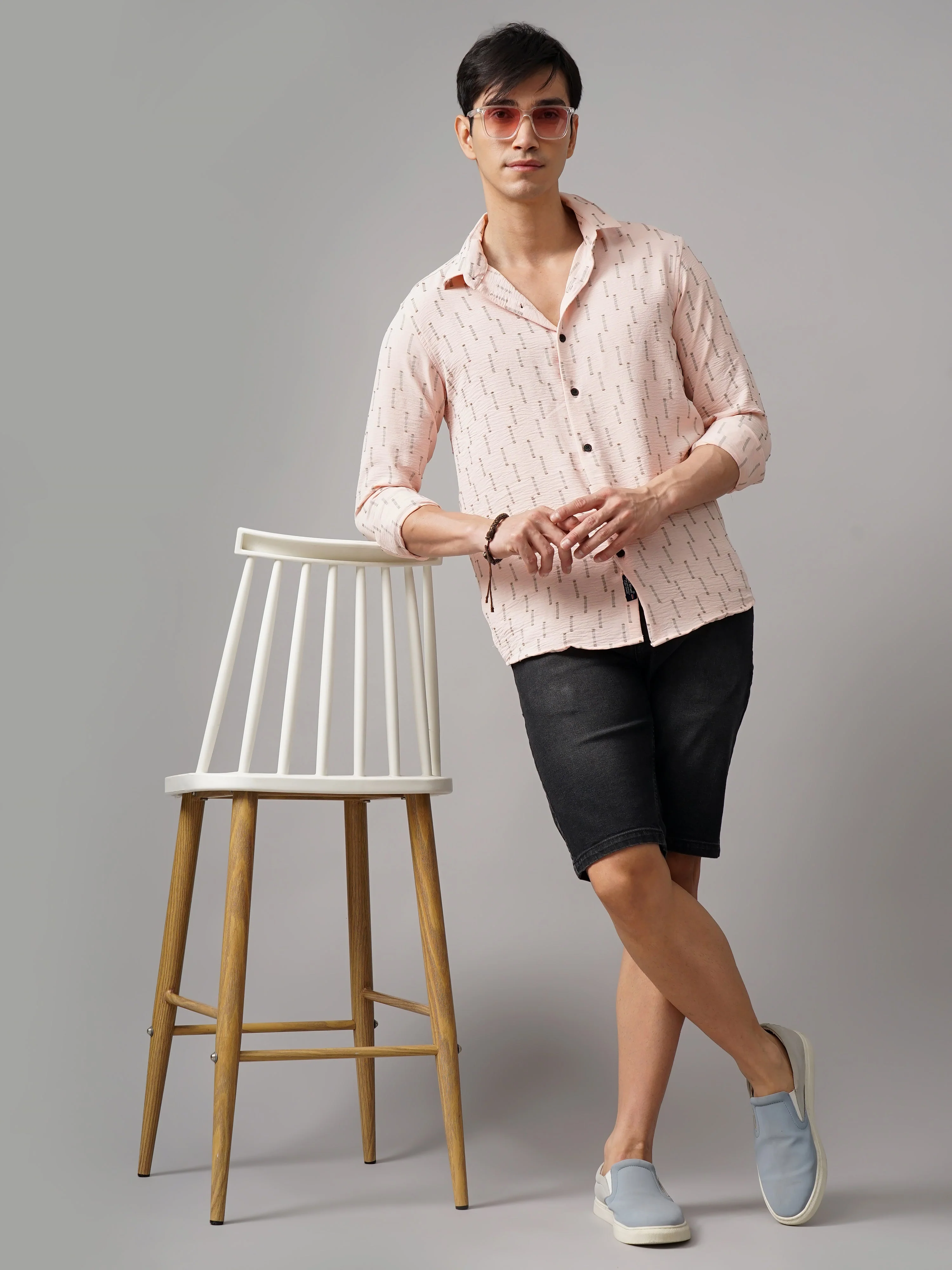 Men Arova Self Design Peach Shirt - Image 6