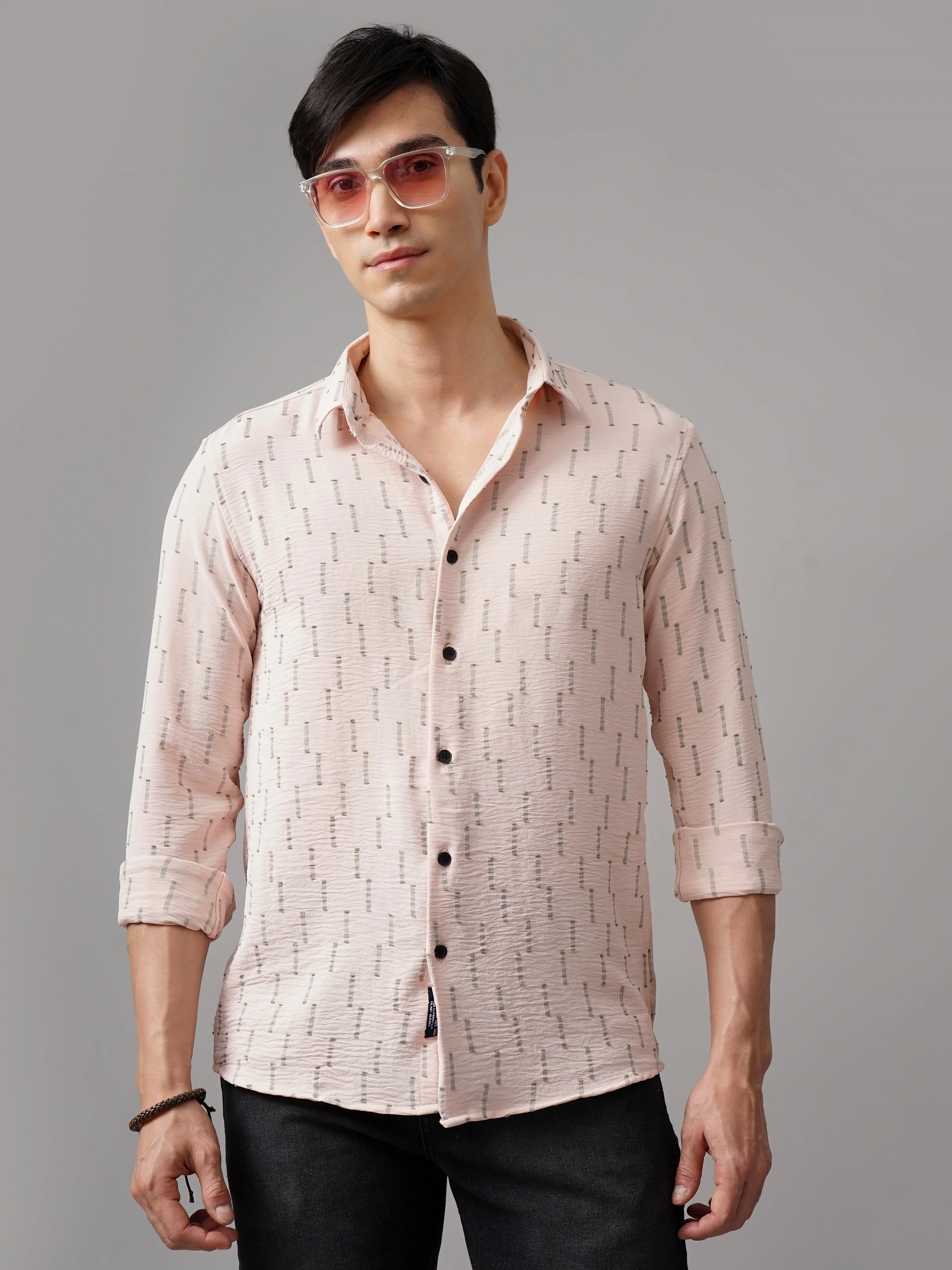 Men Arova Self Design Pink Shirt - Image 2