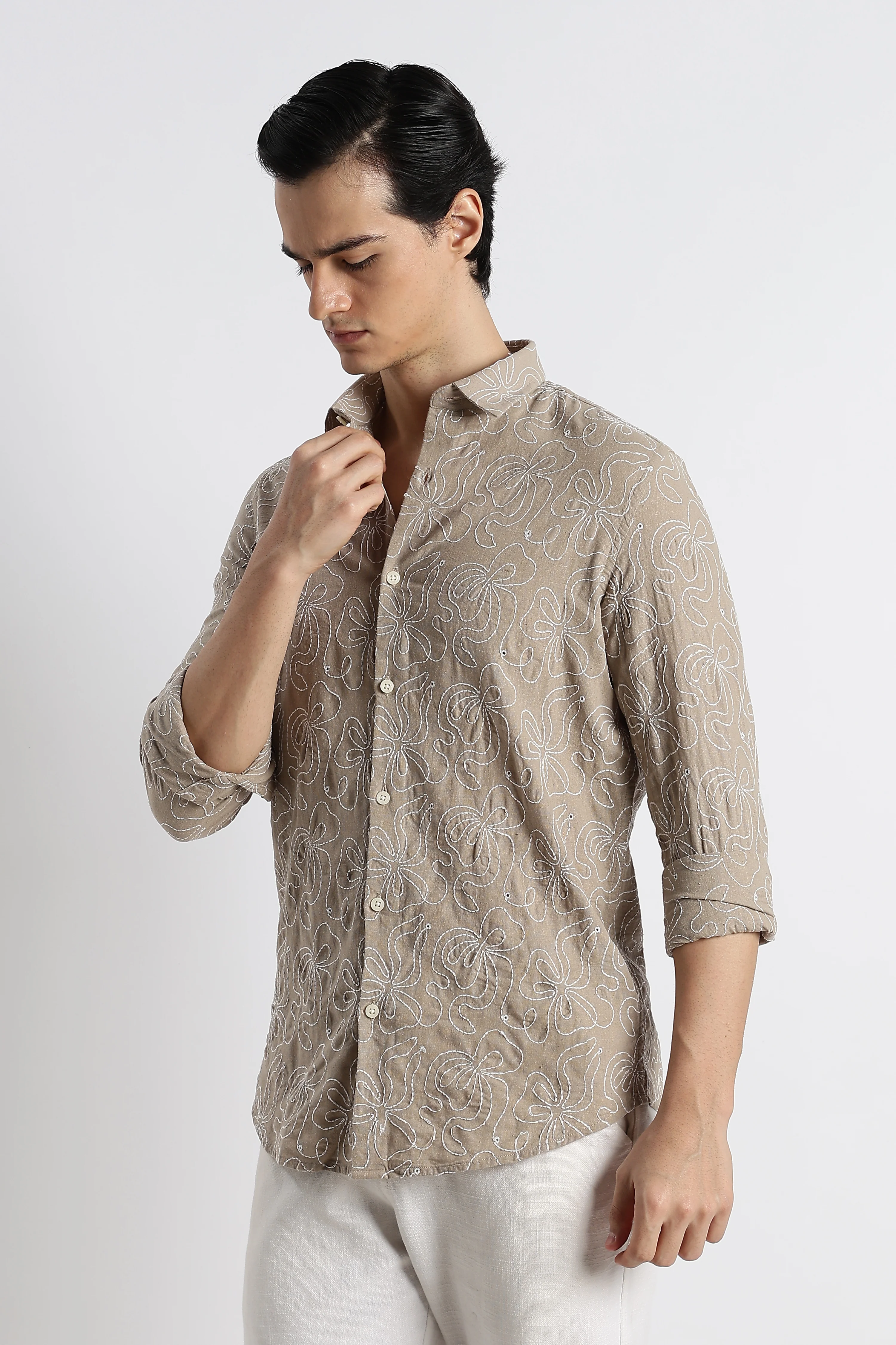 Men Artisanal Embroidered Cotton Shirt - Image 4