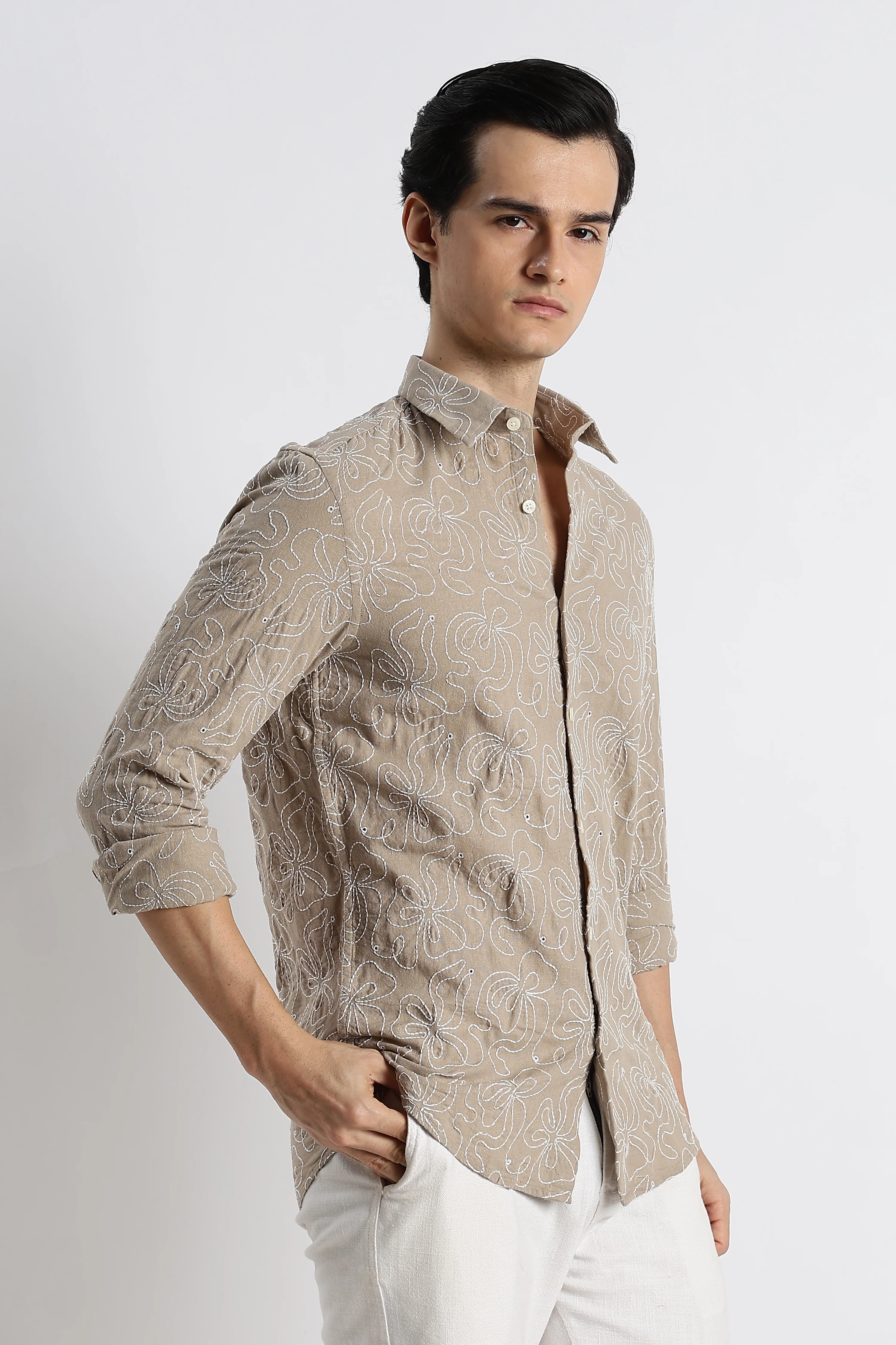 Men Artisanal Embroidered Cotton Shirt - Image 5
