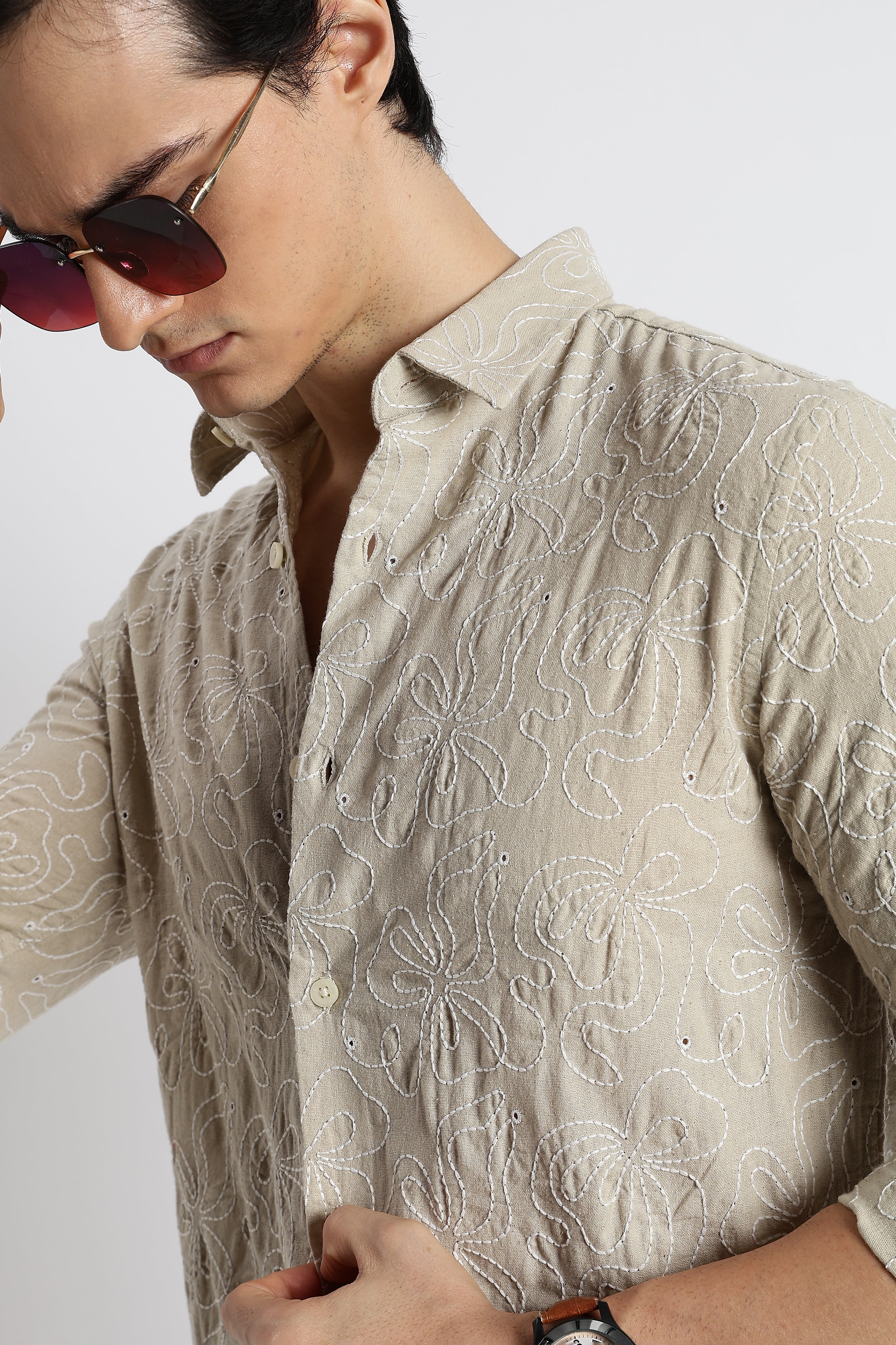 Men Artisanal Embroidered Cotton Shirt - Image 10
