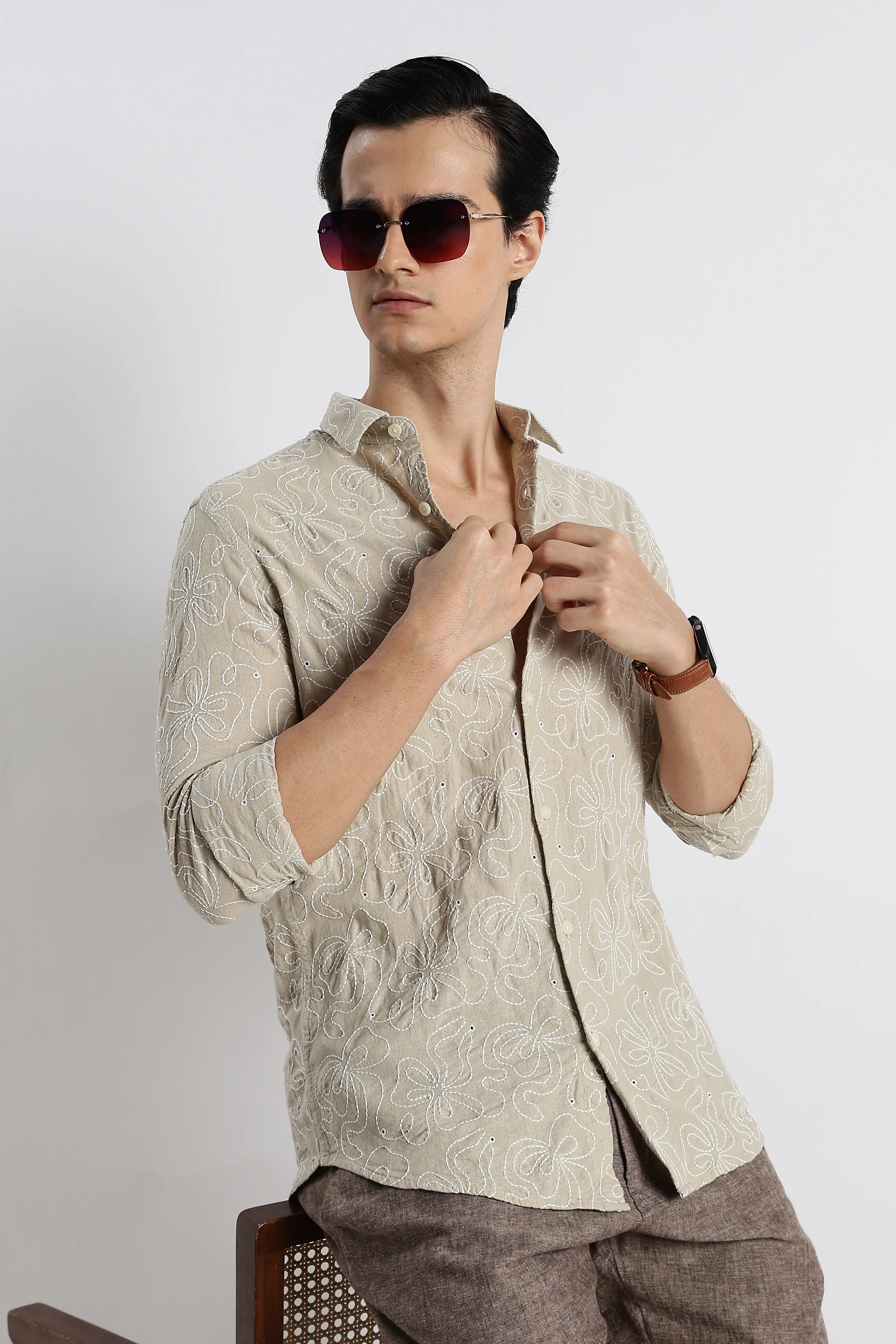 Men Artisanal Embroidered Cotton Shirt - Image 11