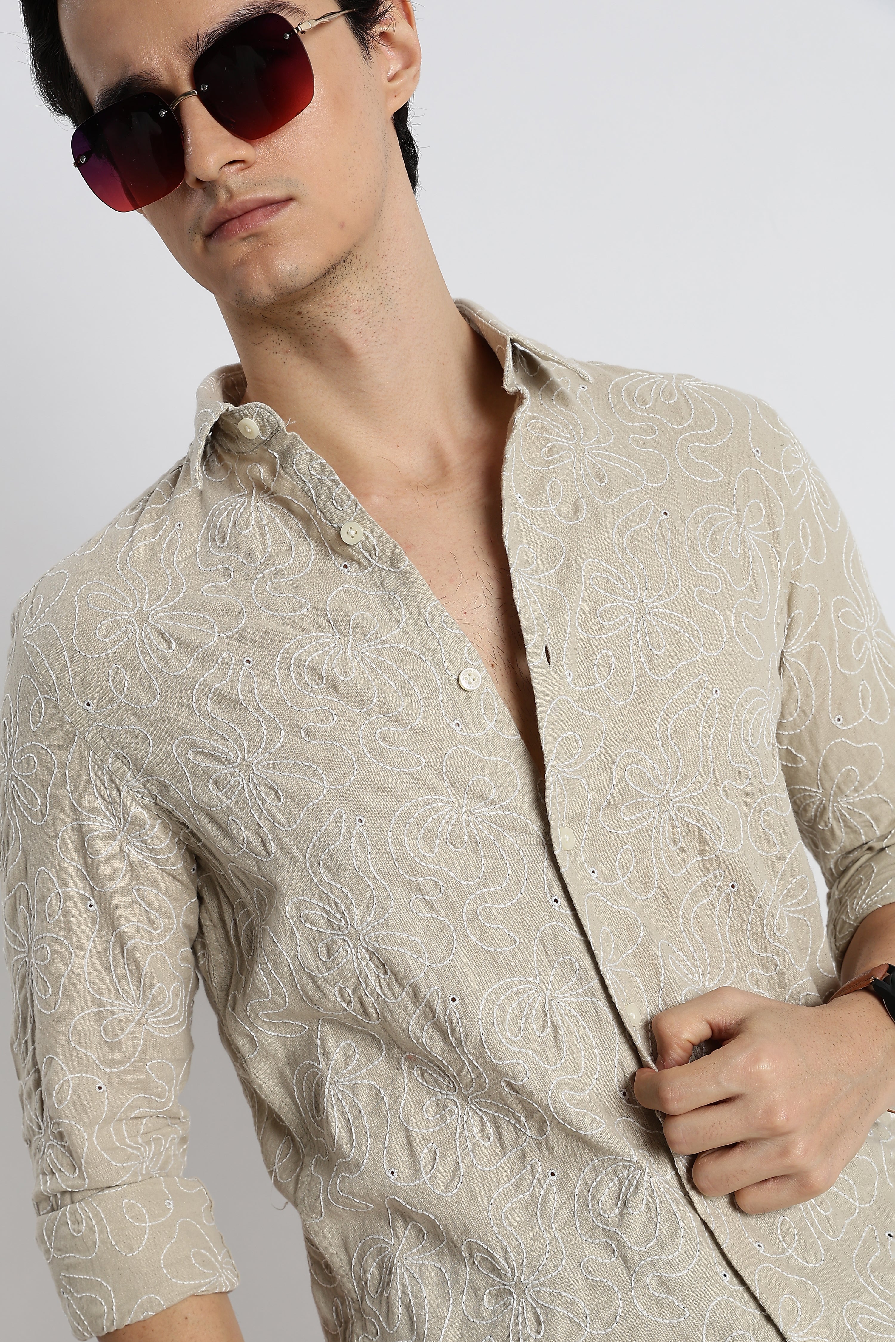 Men Artisanal Embroidered Cotton Shirt - Image 12