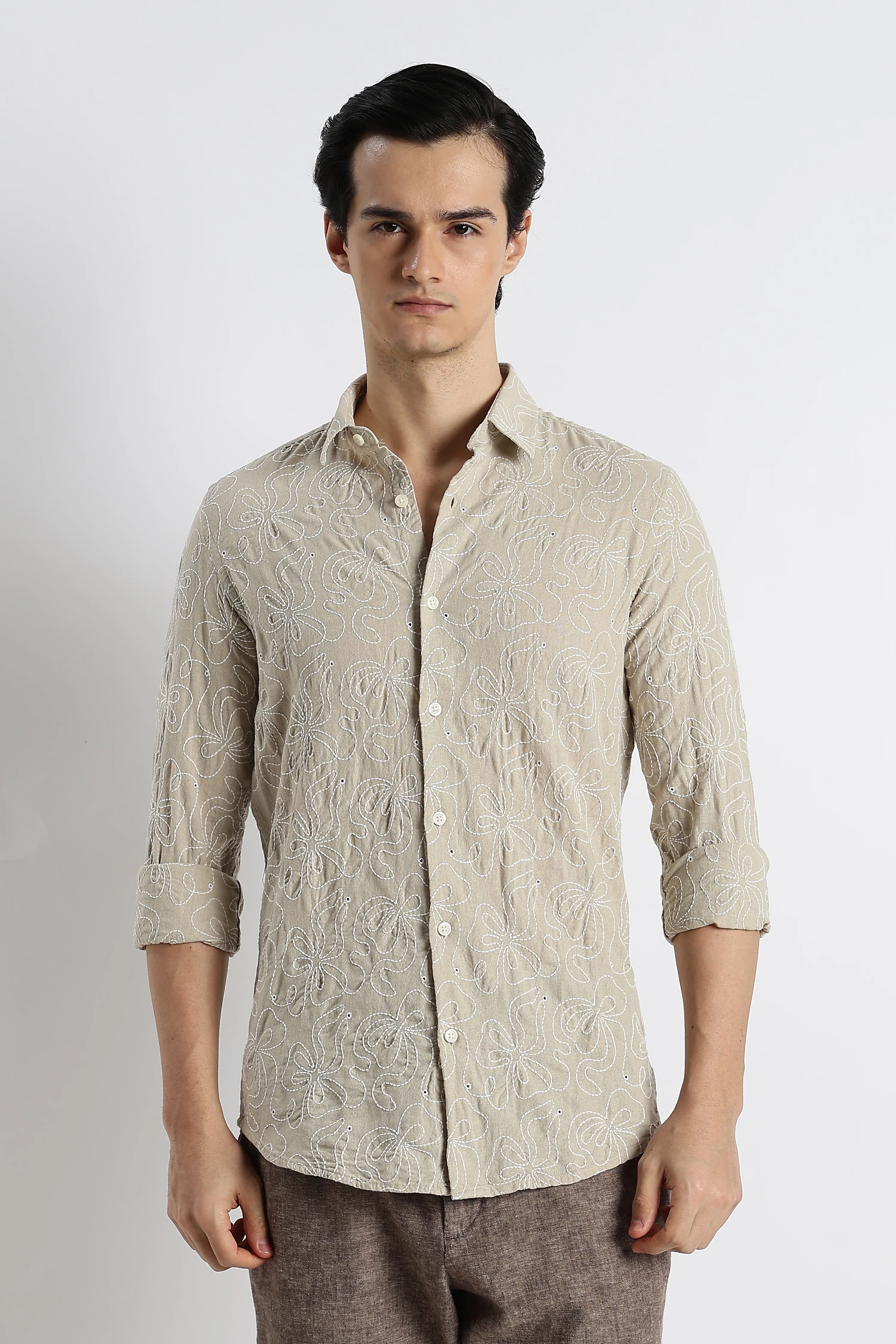 Men Artisanal Embroidered Cotton Shirt - Image 3