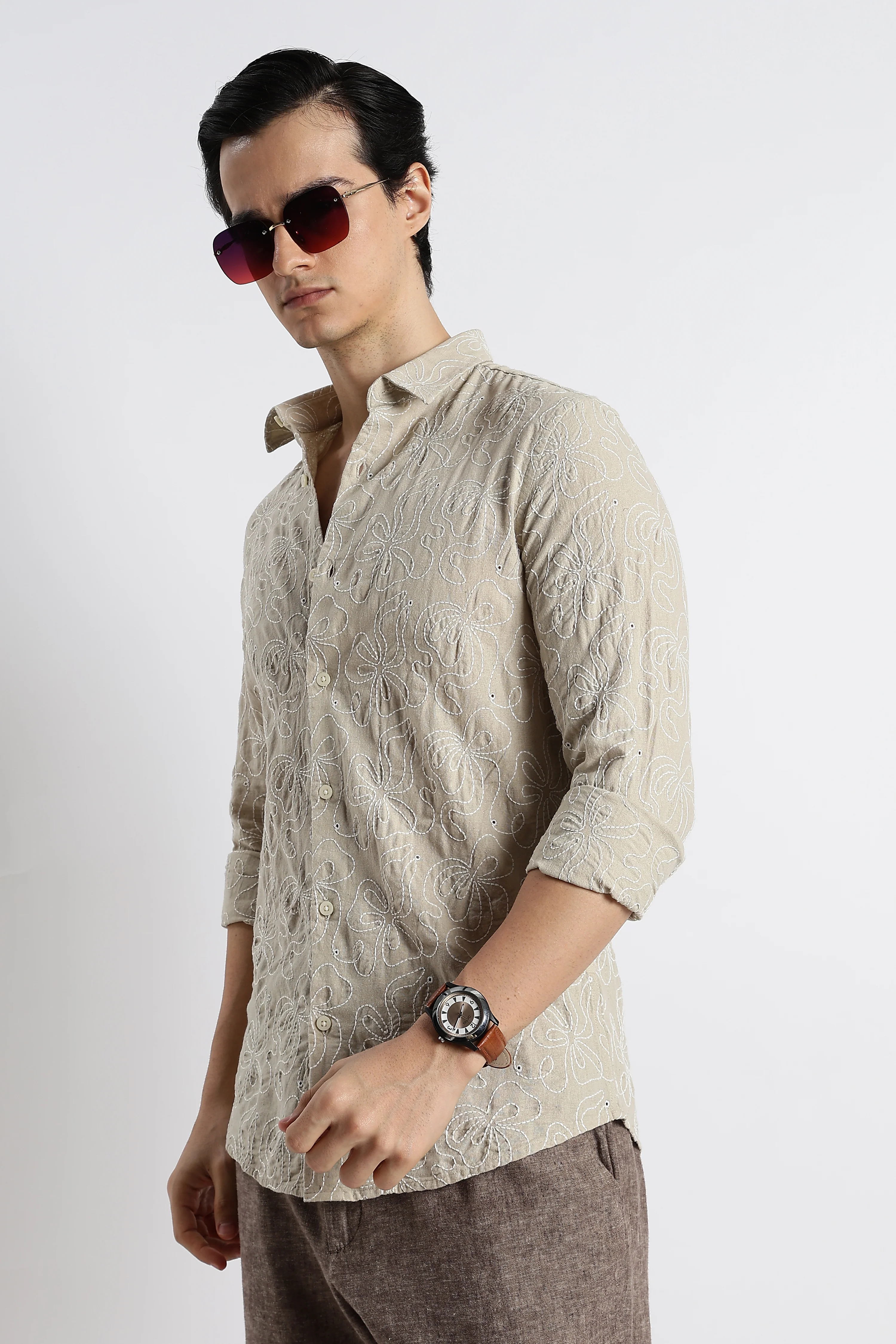 Men Artisanal Embroidered Cotton Shirt - Image 9