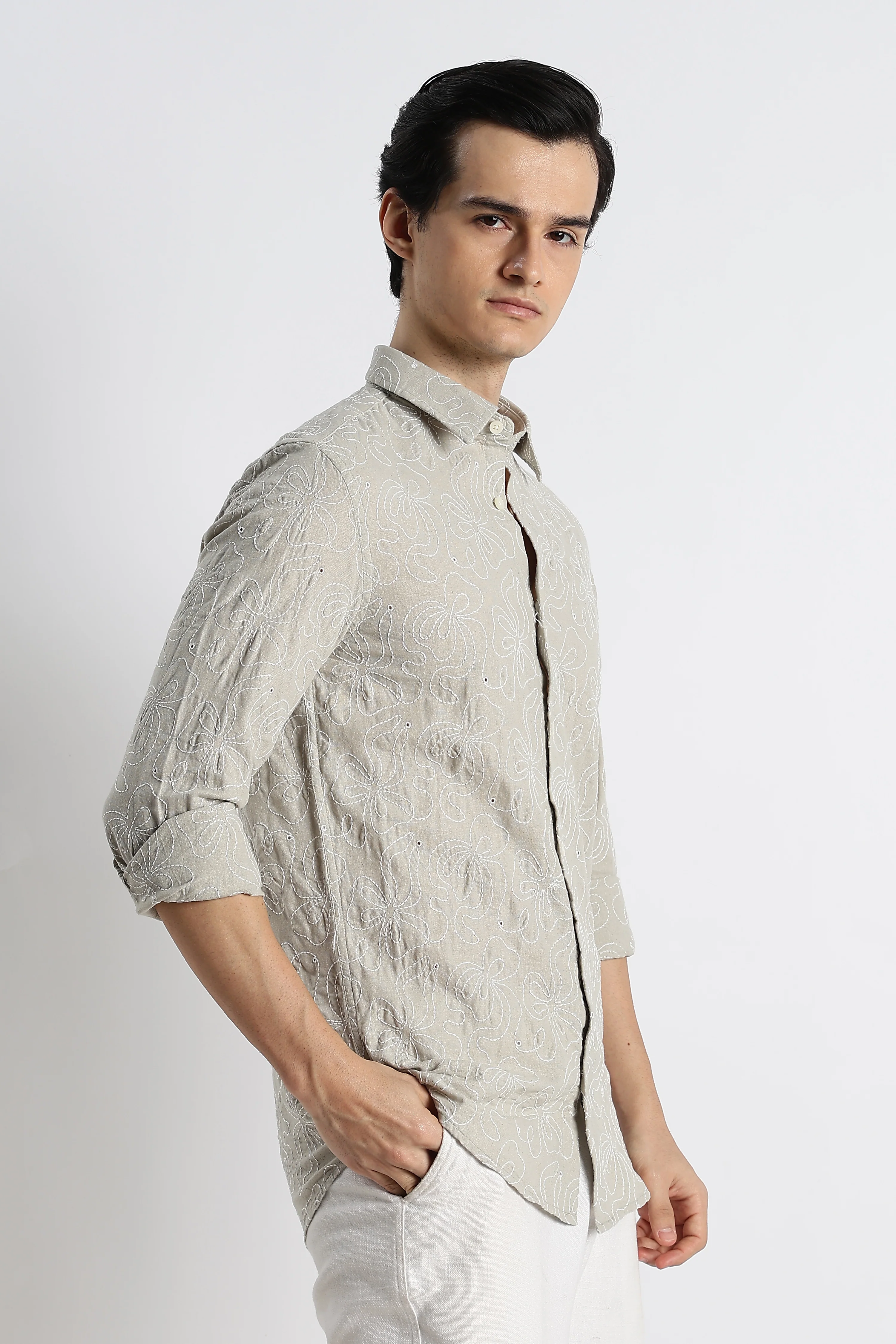 Men Artisanal Embroidered Cotton Shirt - Image 10
