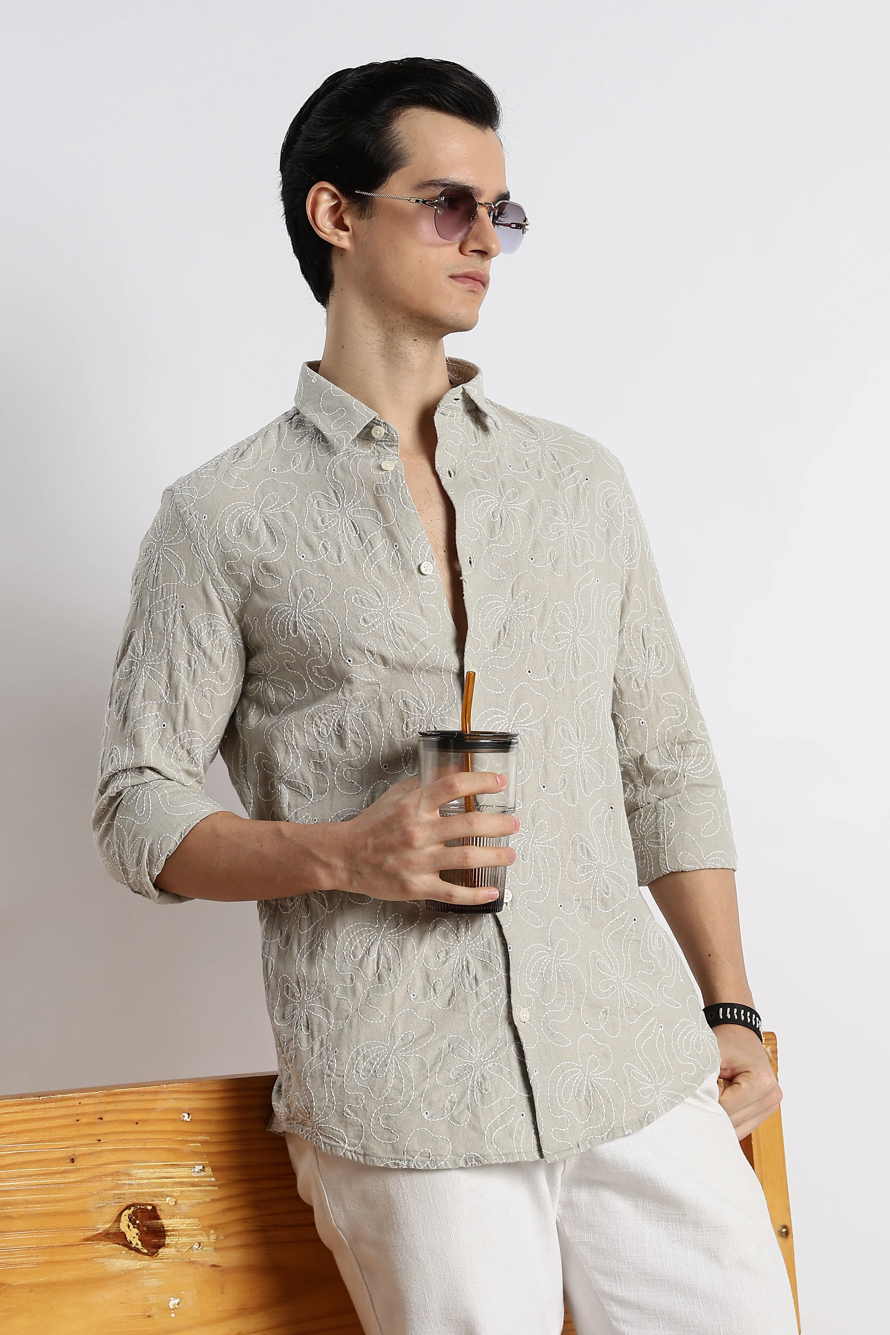 Men Artisanal Embroidered Cotton Shirt - Image 2