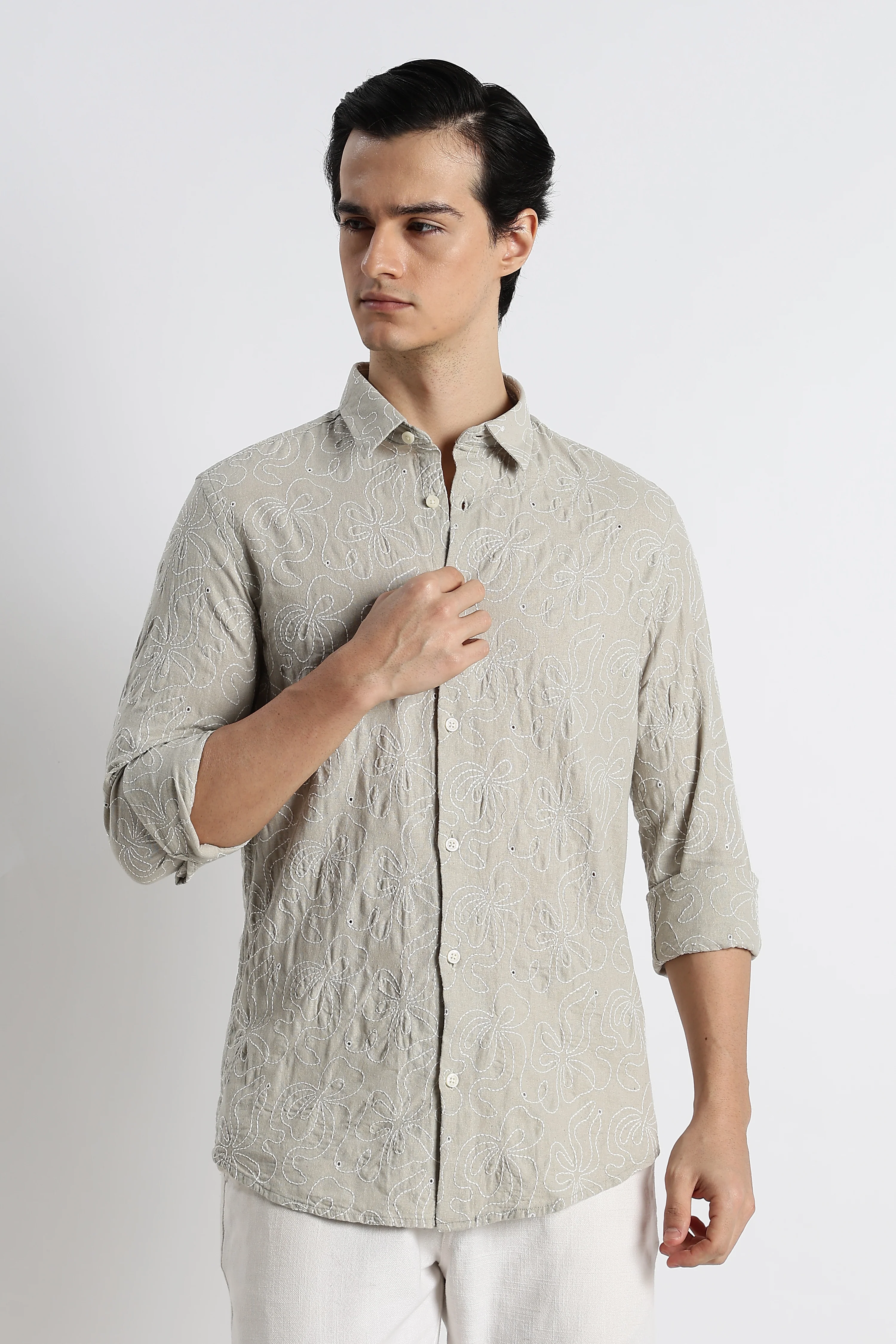 Men Artisanal Embroidered Cotton Shirt - Image 8