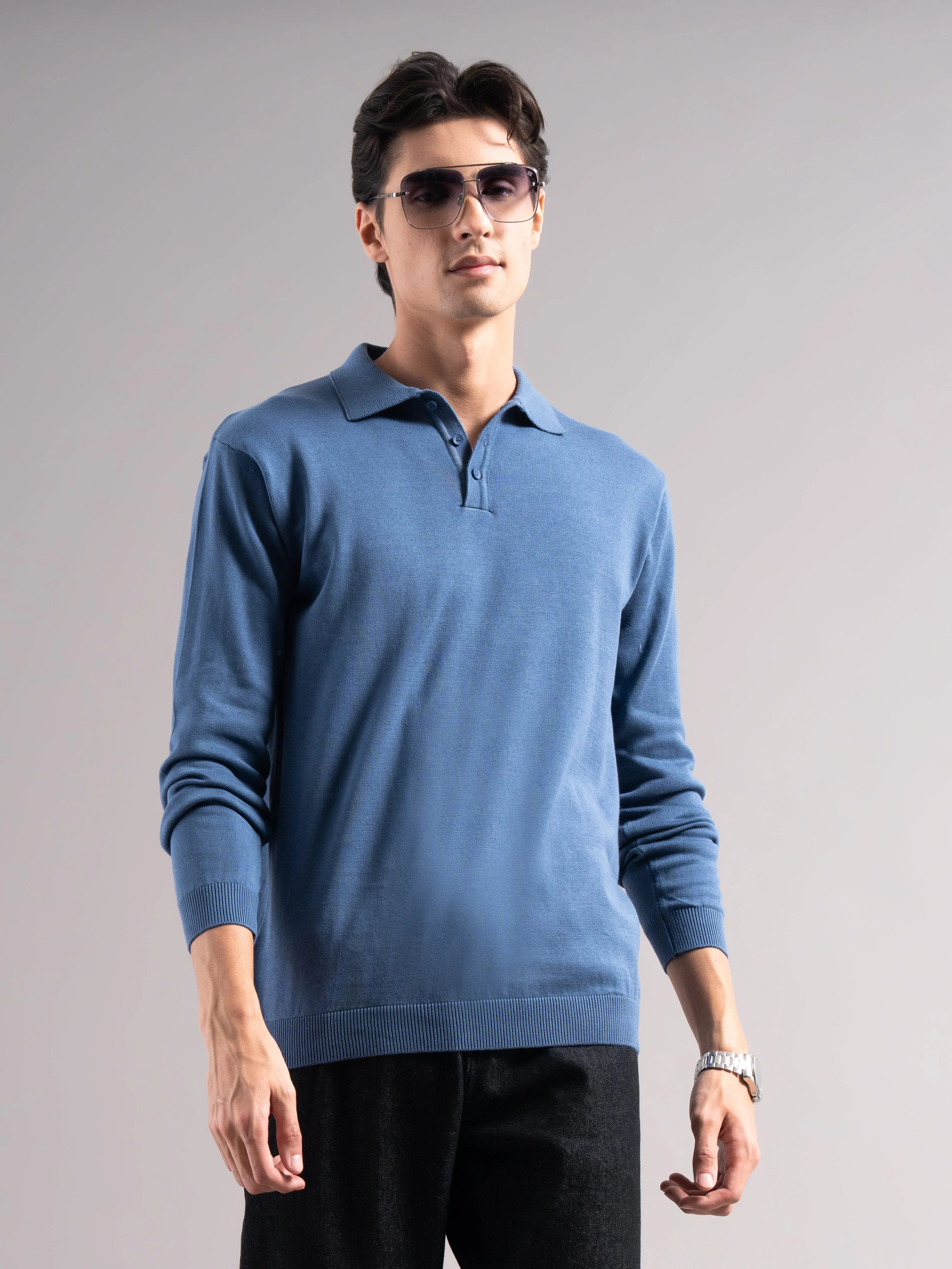 Men Arven Blue Knit Polo T-Shirt - Image 3