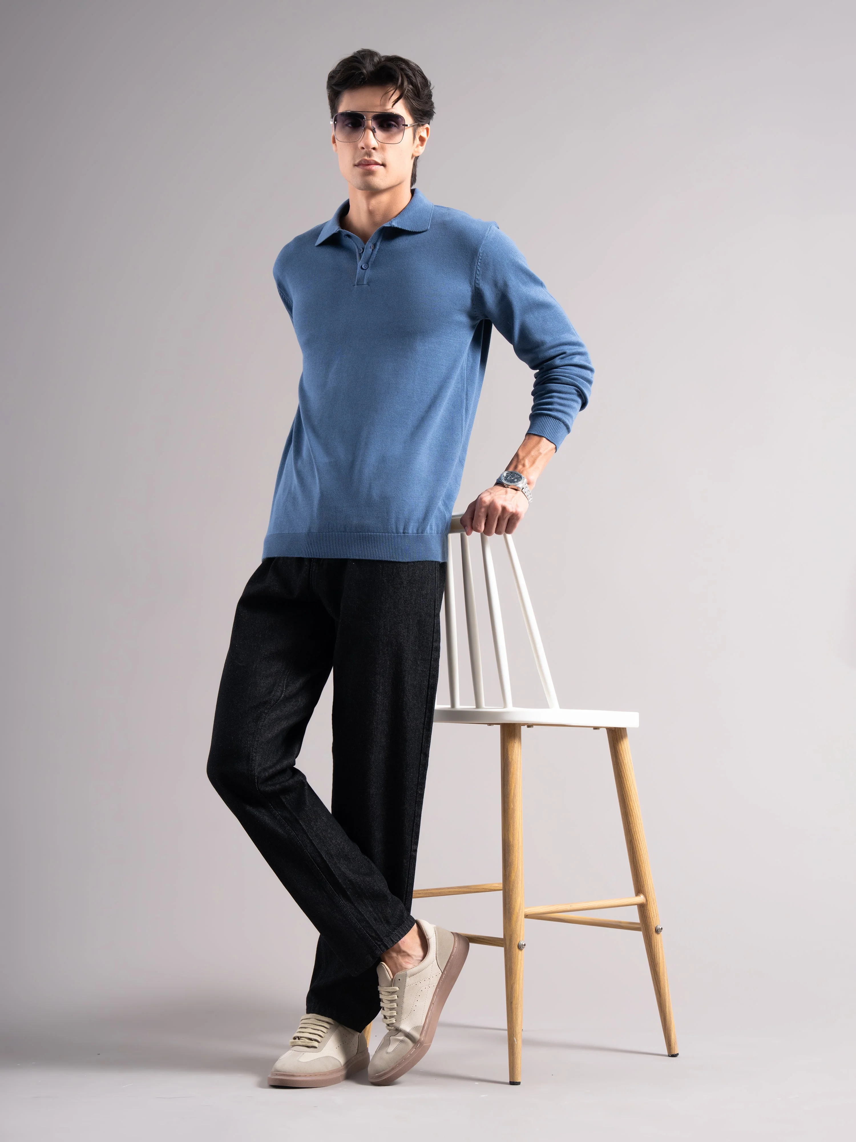 Men Arven Blue Knit Polo T-Shirt - Image 5