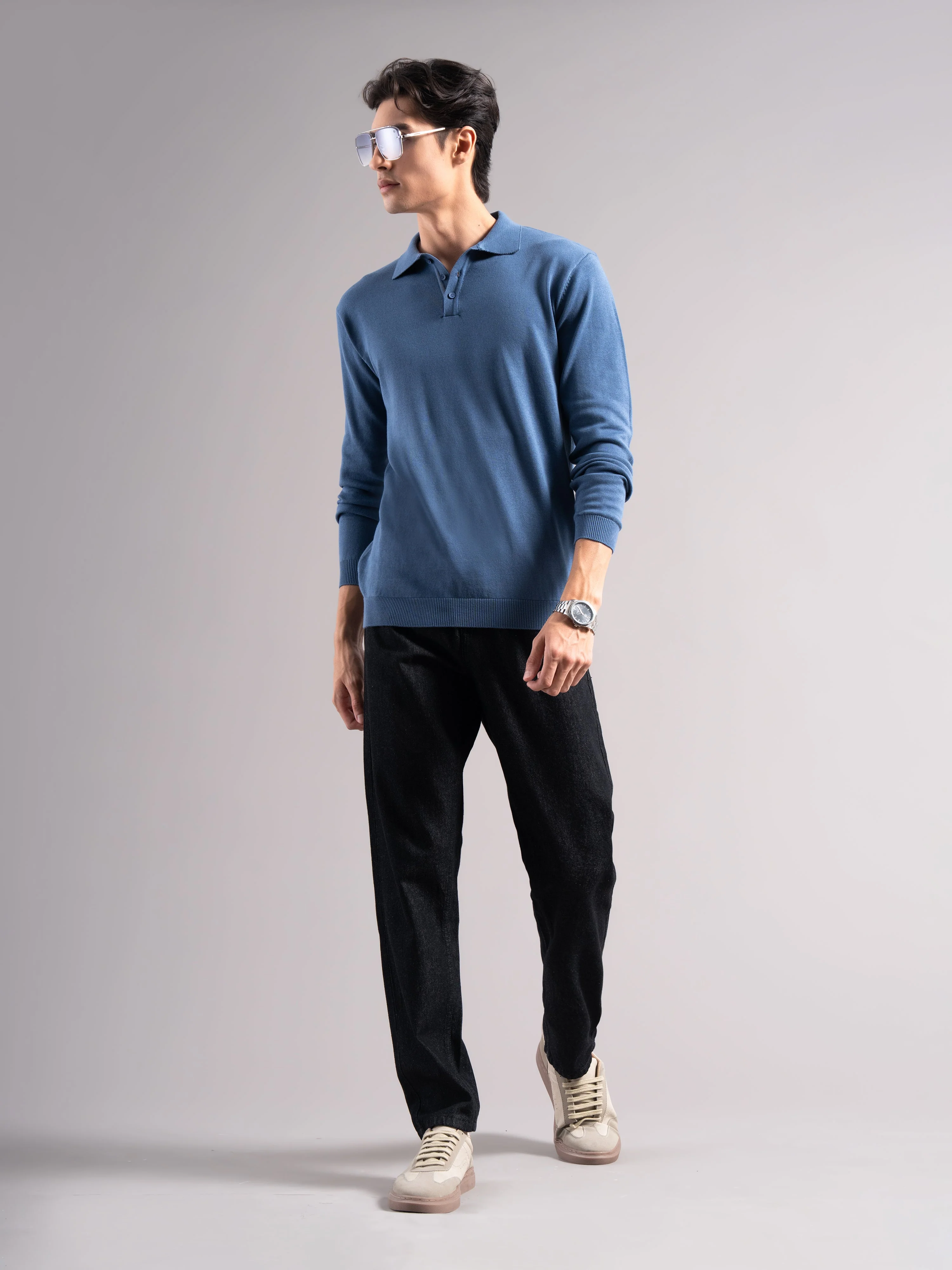 Men Arven Blue Knit Polo T-Shirt - Image 6