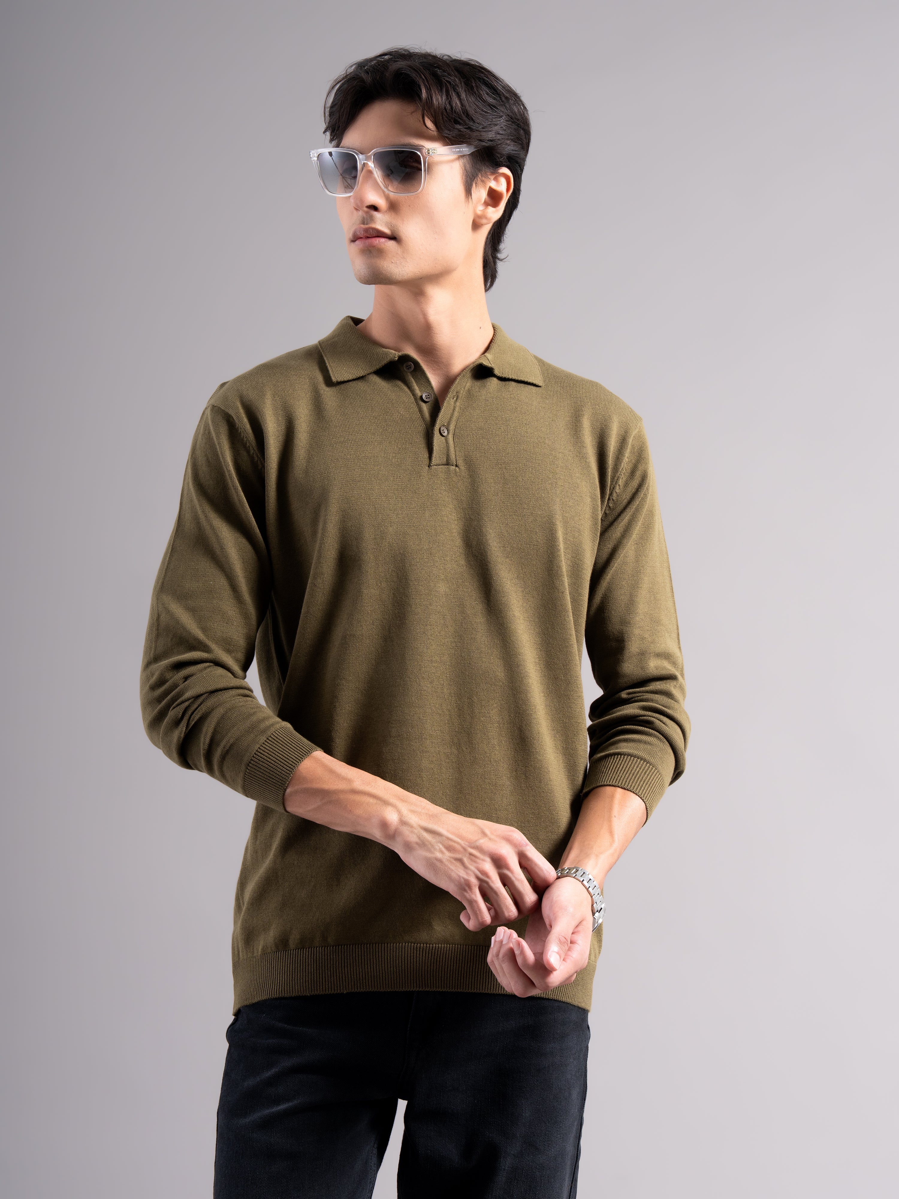 Men Arven Olive Knit Polo T-Shirt - Image 3