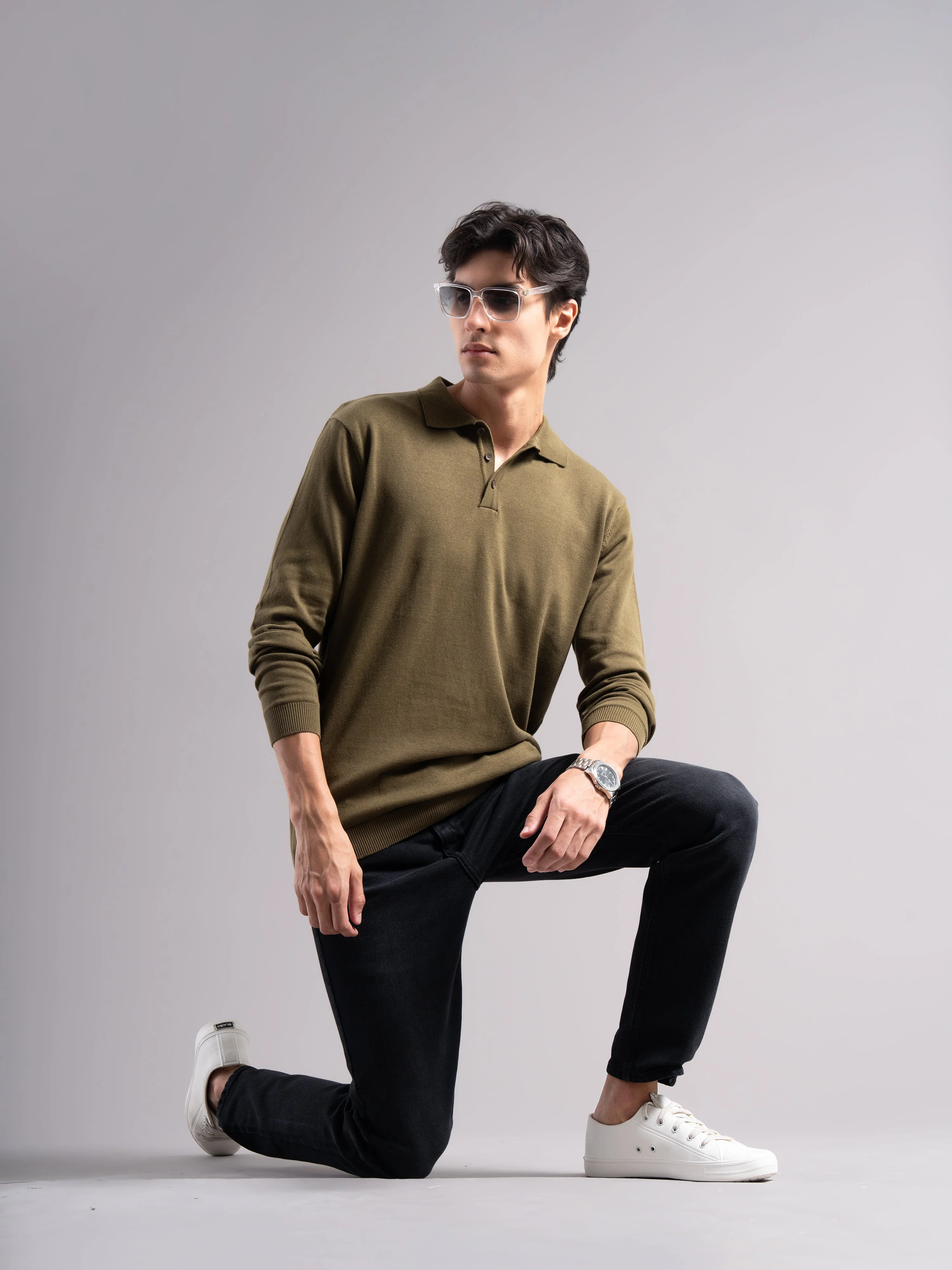 Men Arven Olive Knit Polo T-Shirt - Image 5