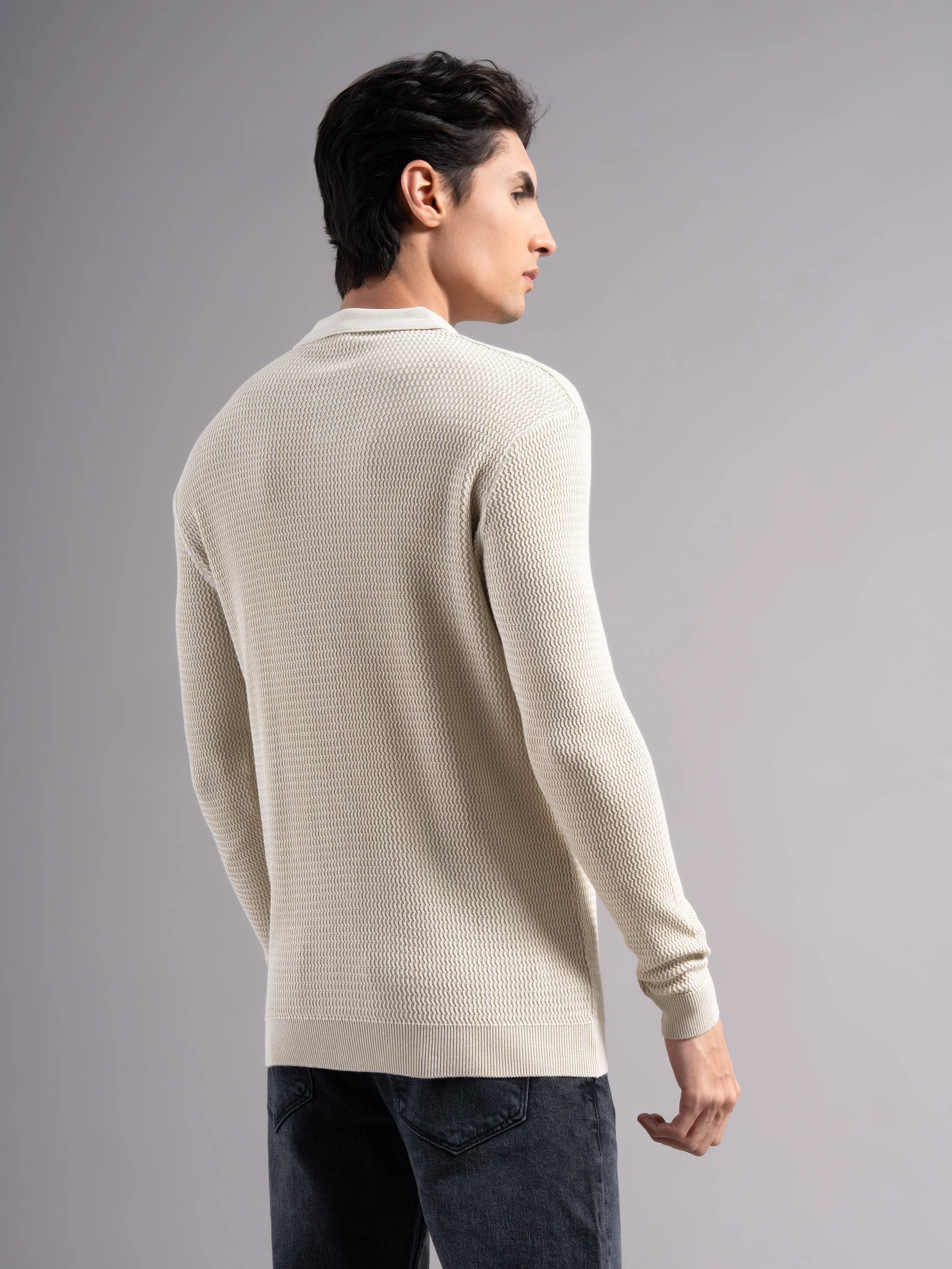Men Arvion Beige Knit Polo T-Shirt - Image 2