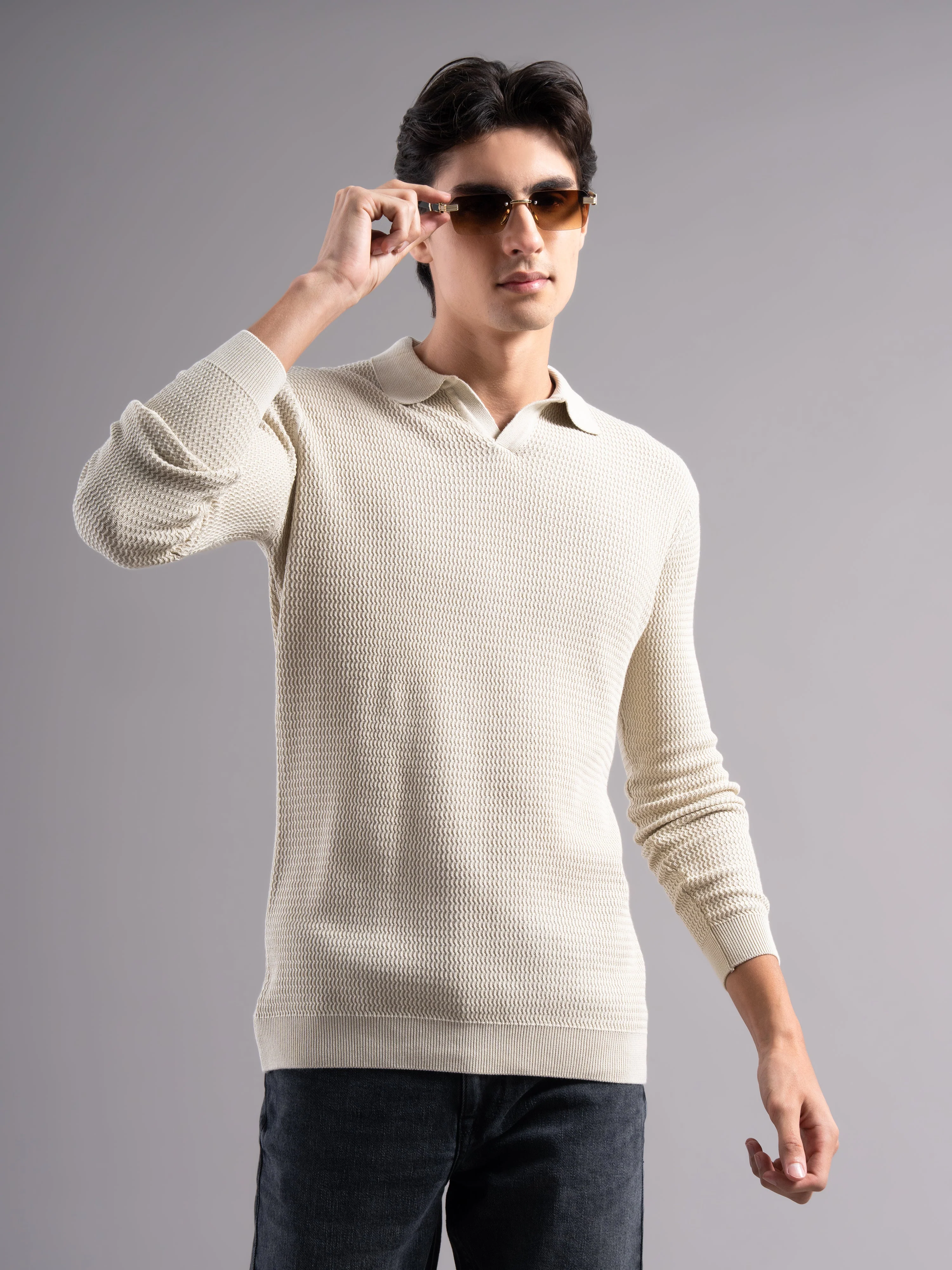Men Arvion Beige Knit Polo T-Shirt - Image 3