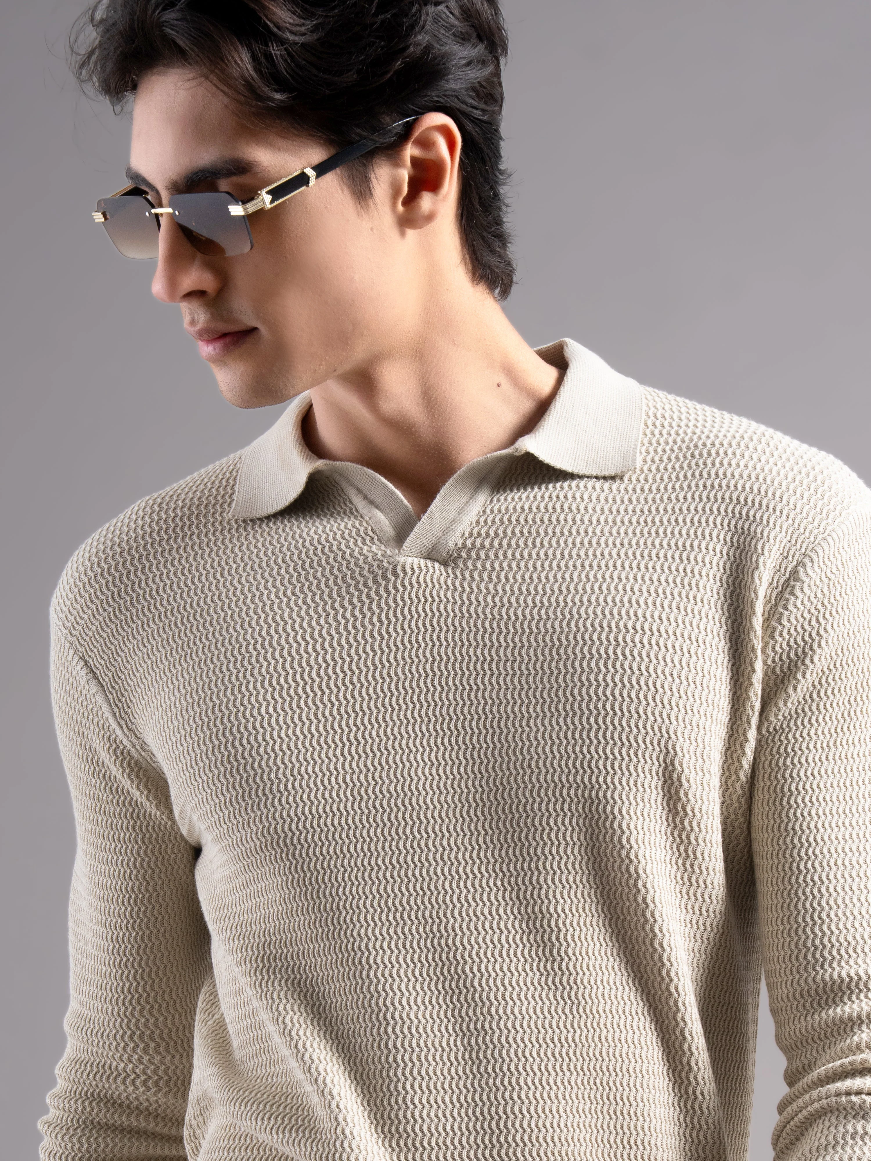 Men Arvion Beige Knit Polo T-Shirt - Image 4
