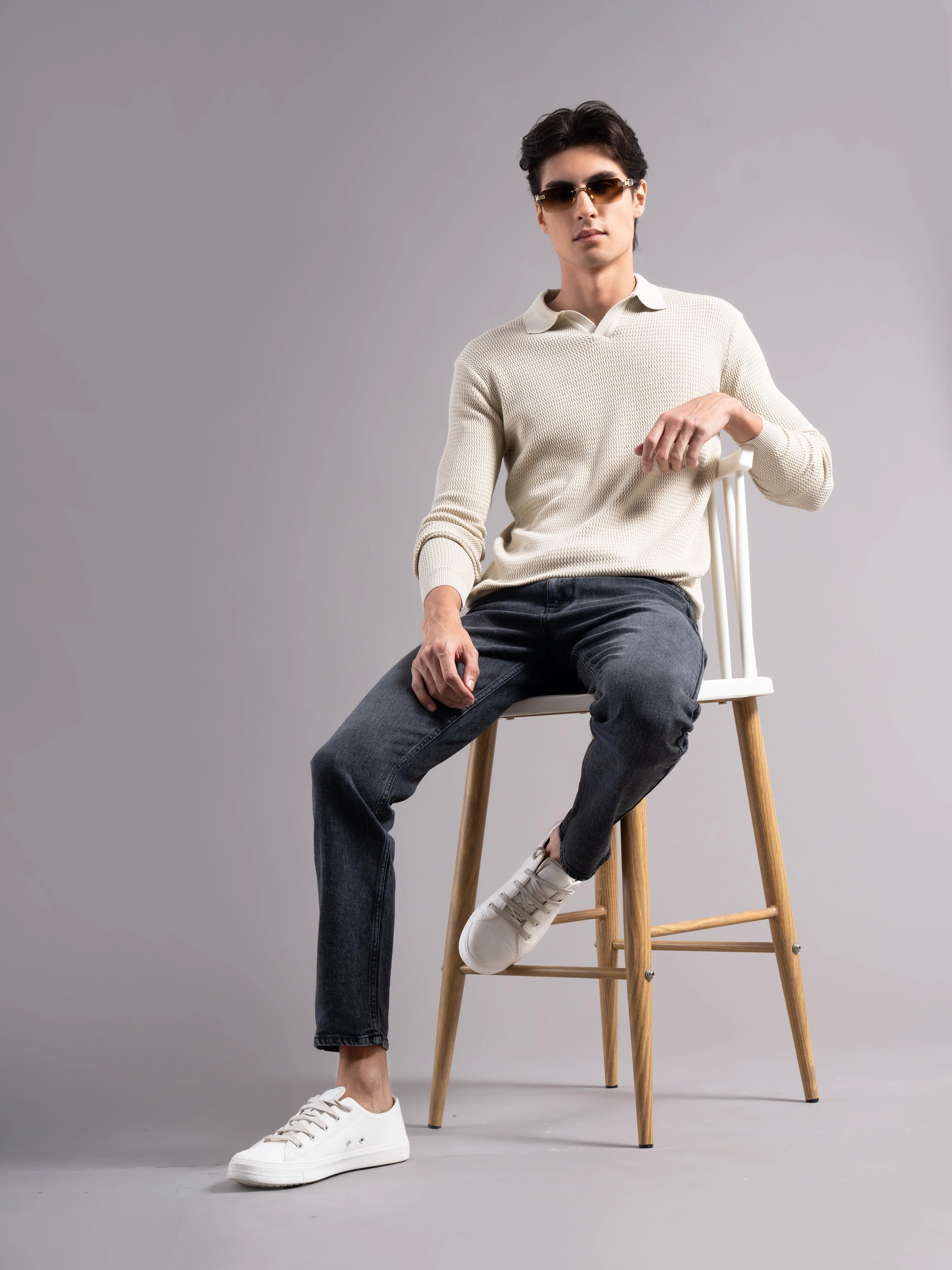 Men Arvion Beige Knit Polo T-Shirt - Image 5