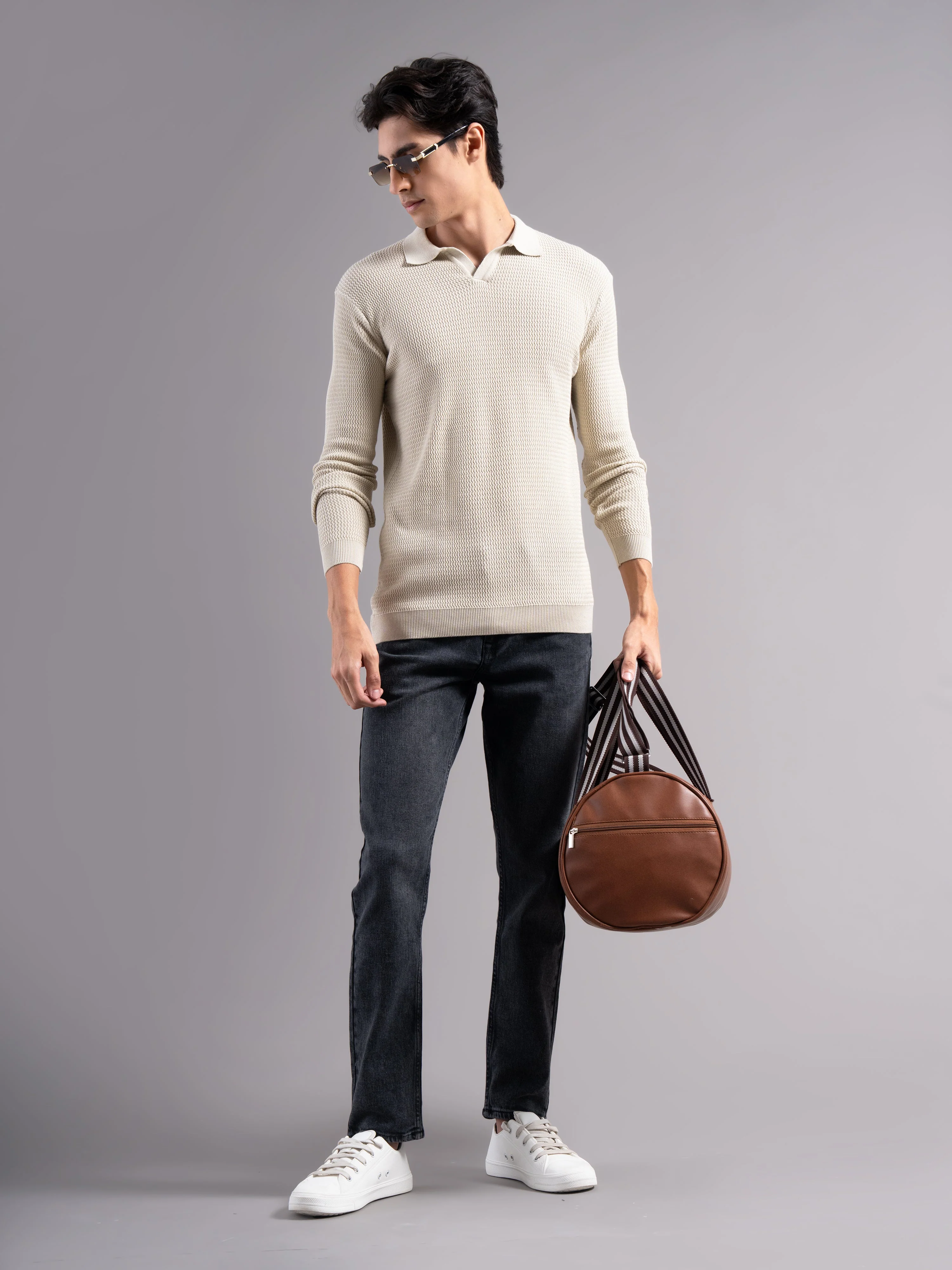Men Arvion Beige Knit Polo T-Shirt - Image 6