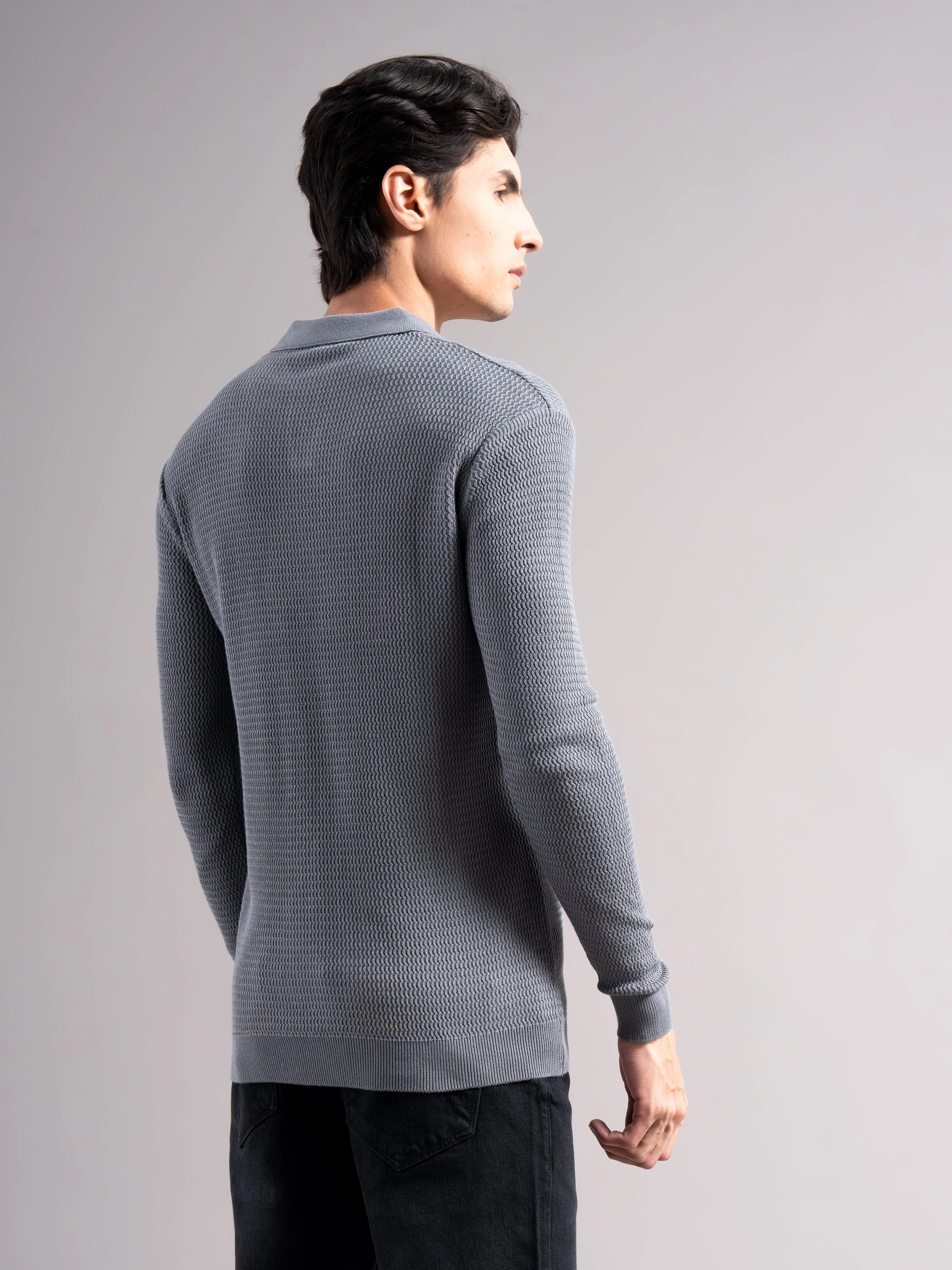 Men Arvion Grey Knit Polo T-Shirt - Image 2