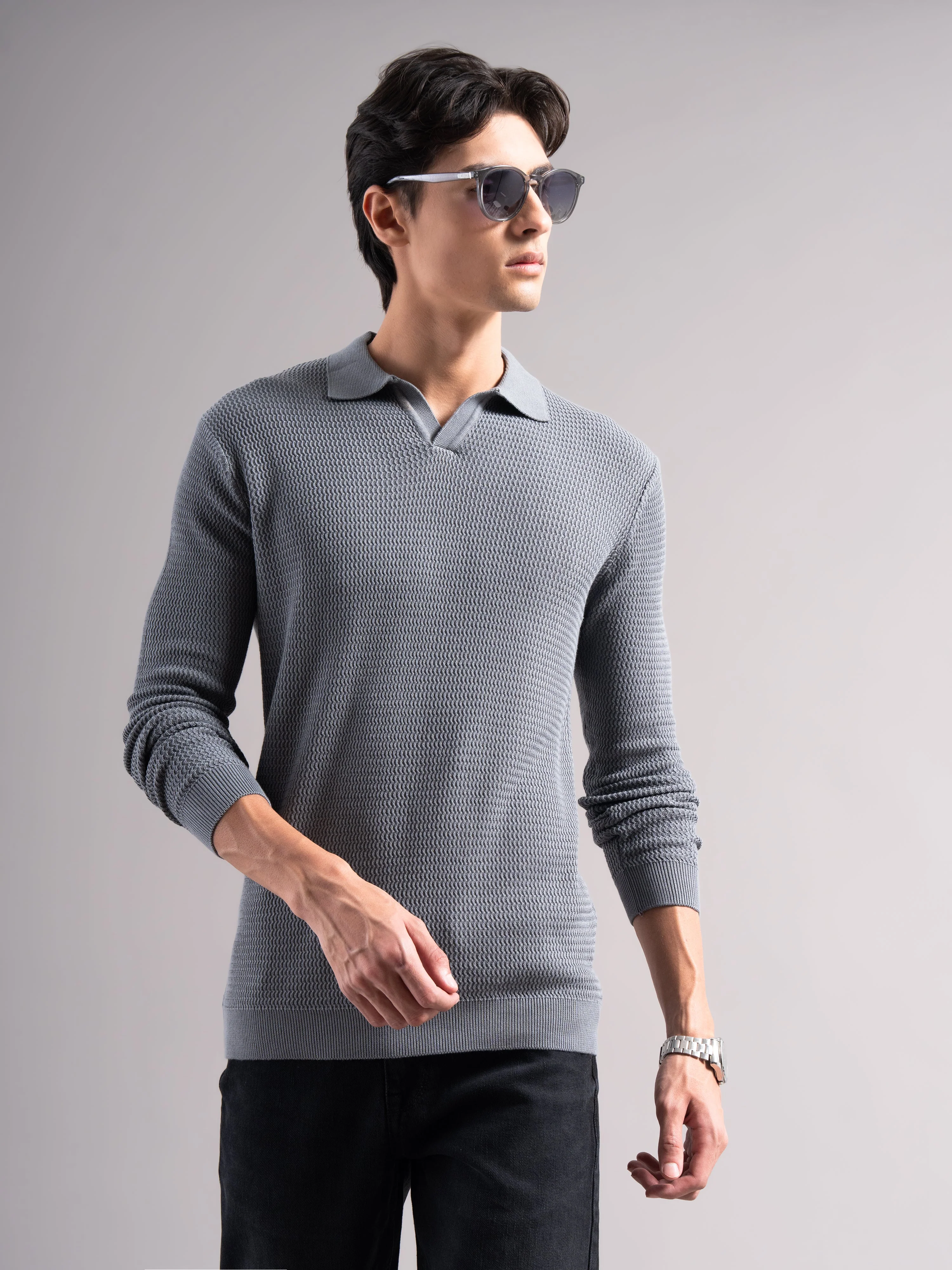 Men Arvion Grey Knit Polo T-Shirt - Image 3