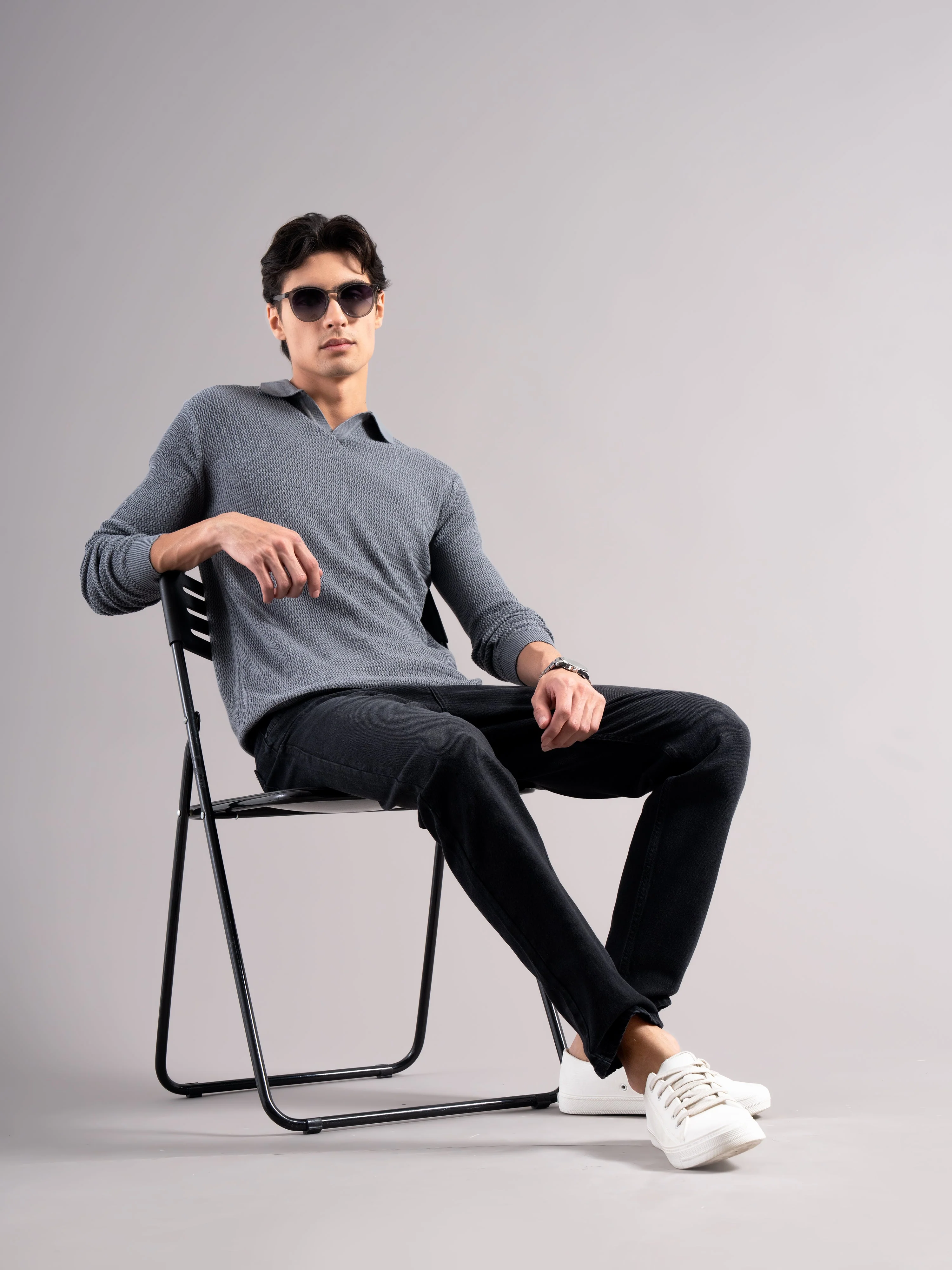 Men Arvion Grey Knit Polo T-Shirt - Image 5