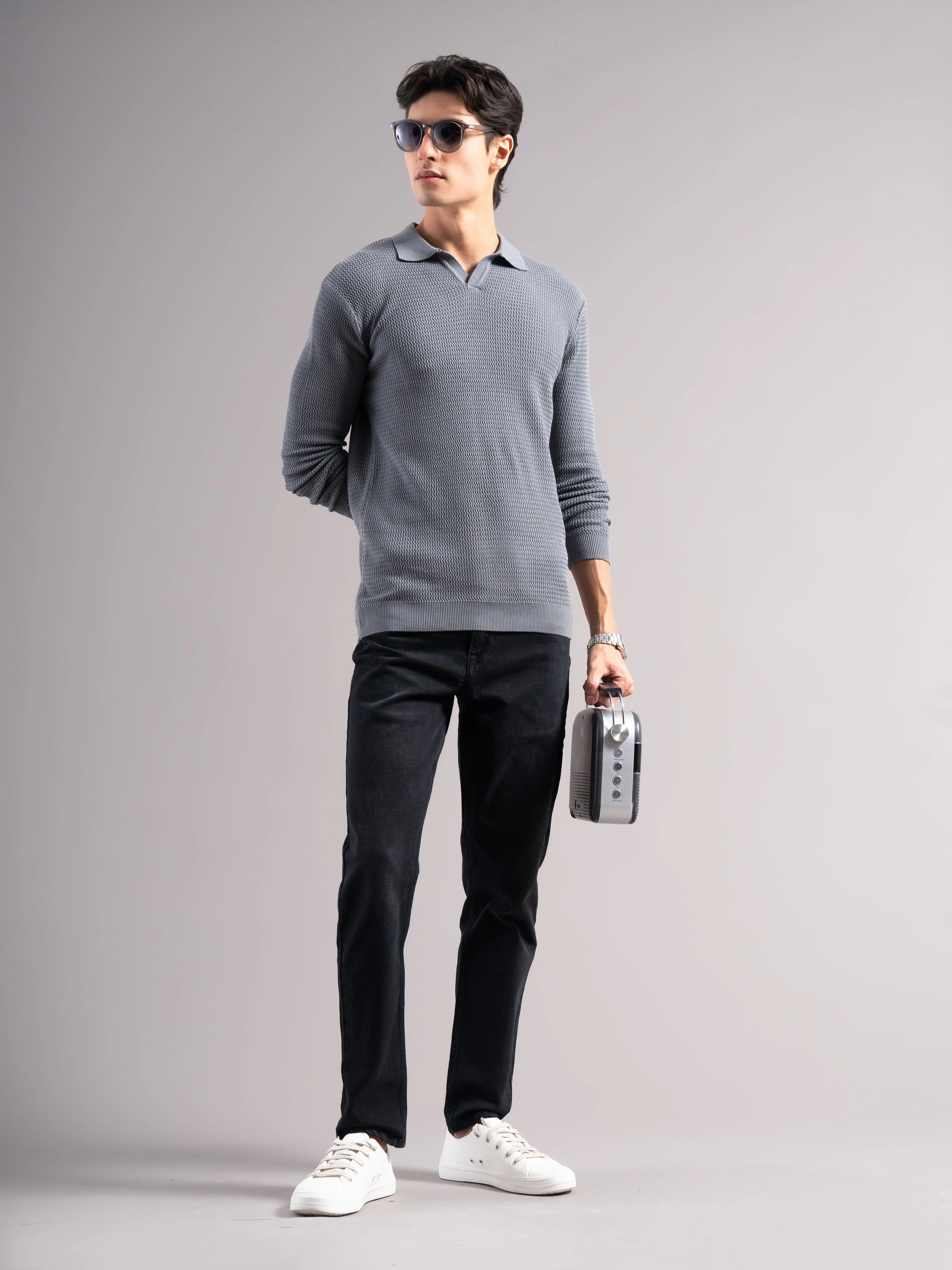 Men Arvion Grey Knit Polo T-Shirt - Image 6