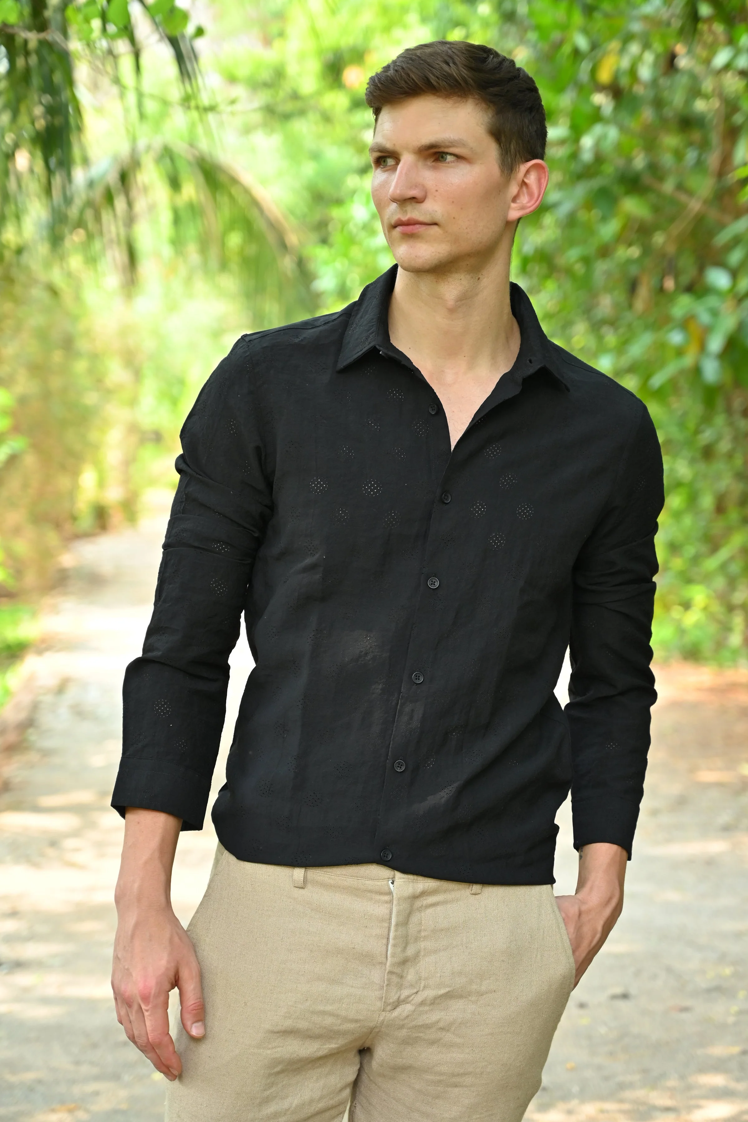 Men Ashly Cotton Blend Crotchet Shirt Black - Image 2