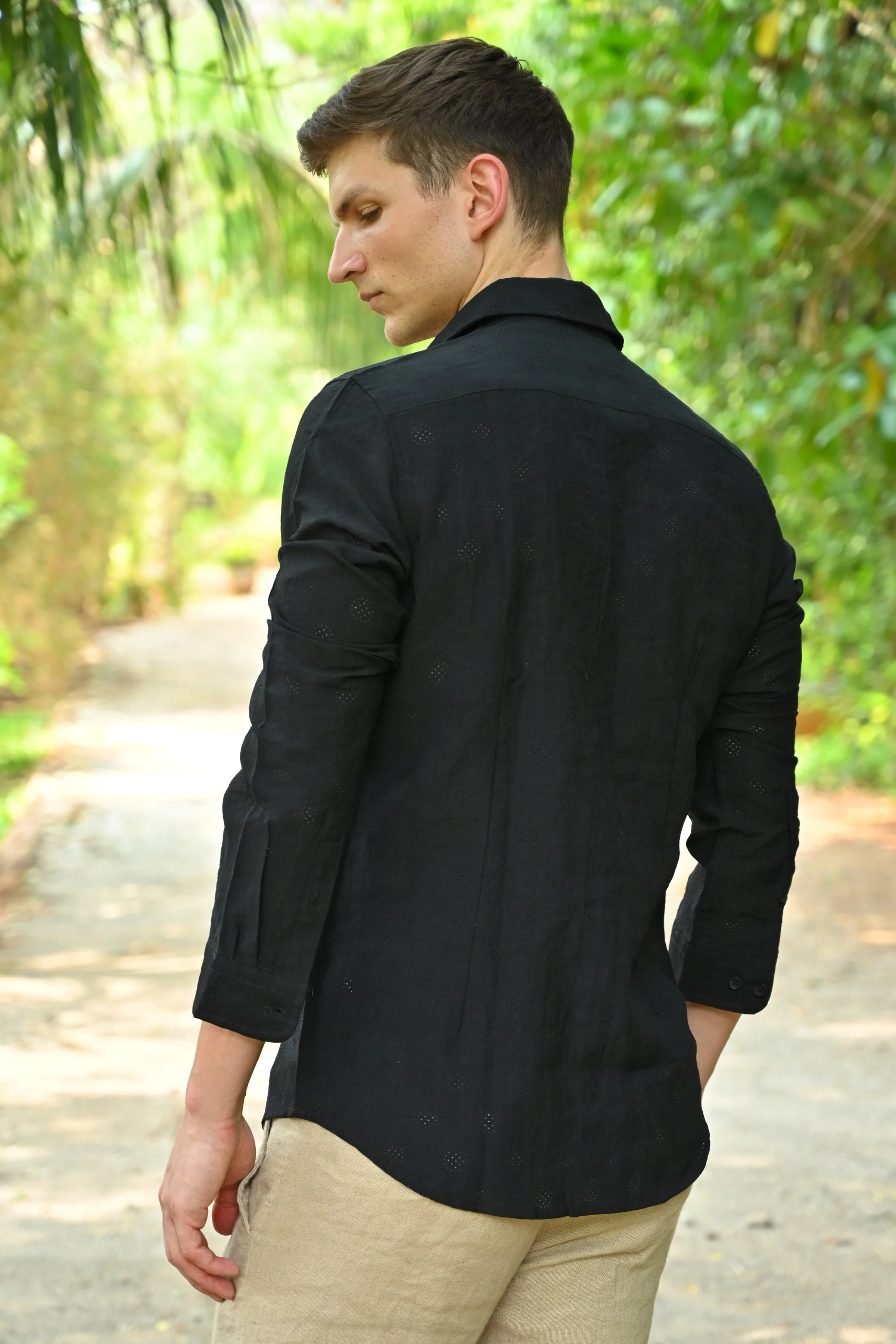 Men Ashly Cotton Blend Crotchet Shirt Black - Image 3